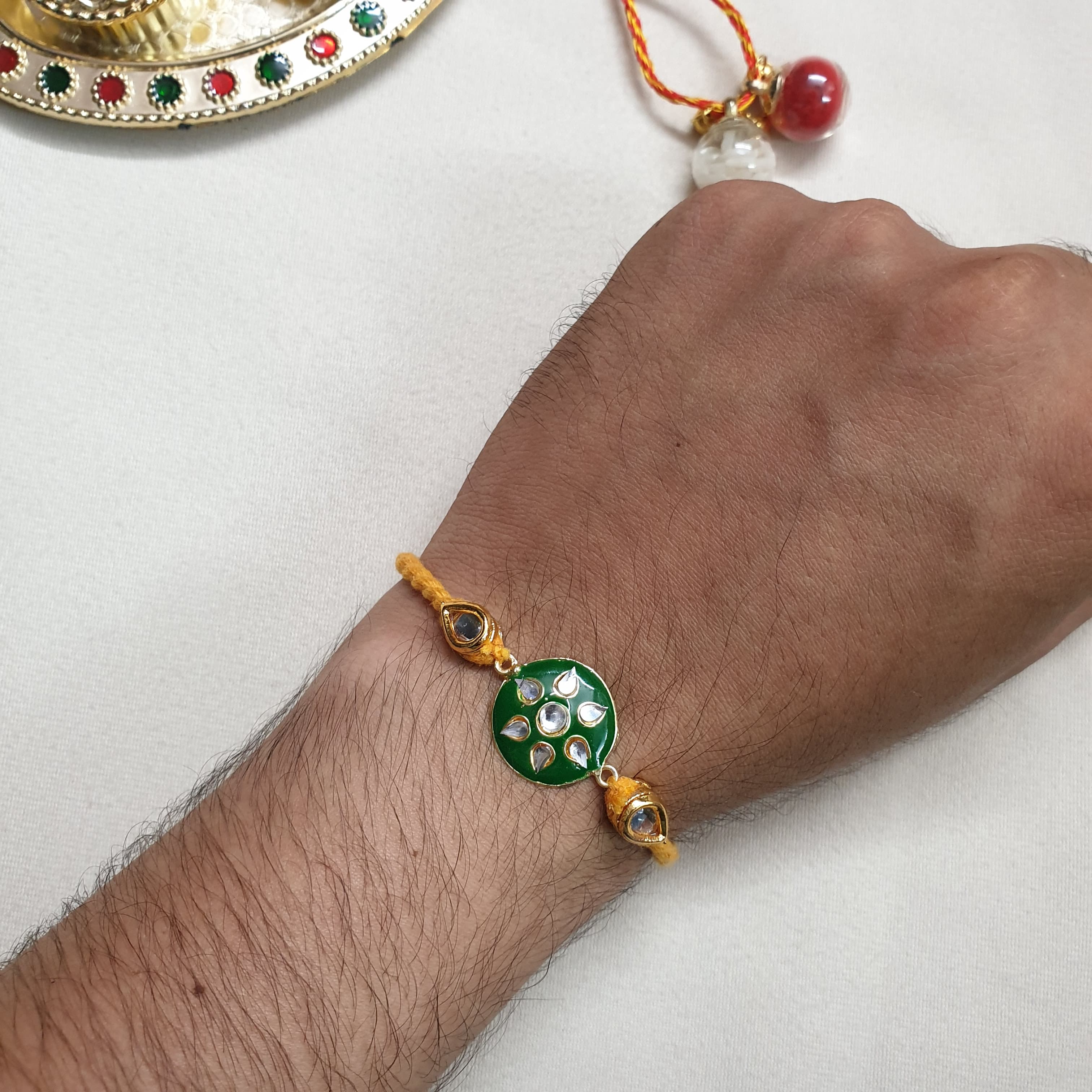 Green Enamel Floral Kundan Rakhi