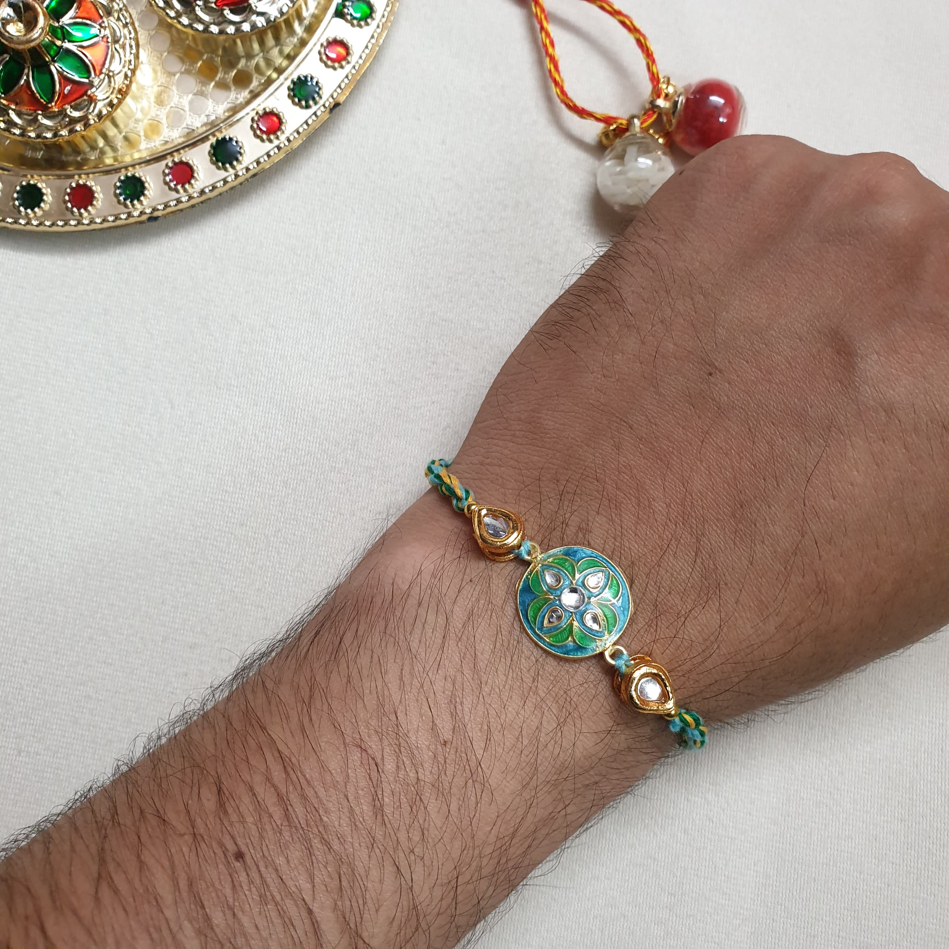 Sea Green Enamel Floral Kundan Rakhi