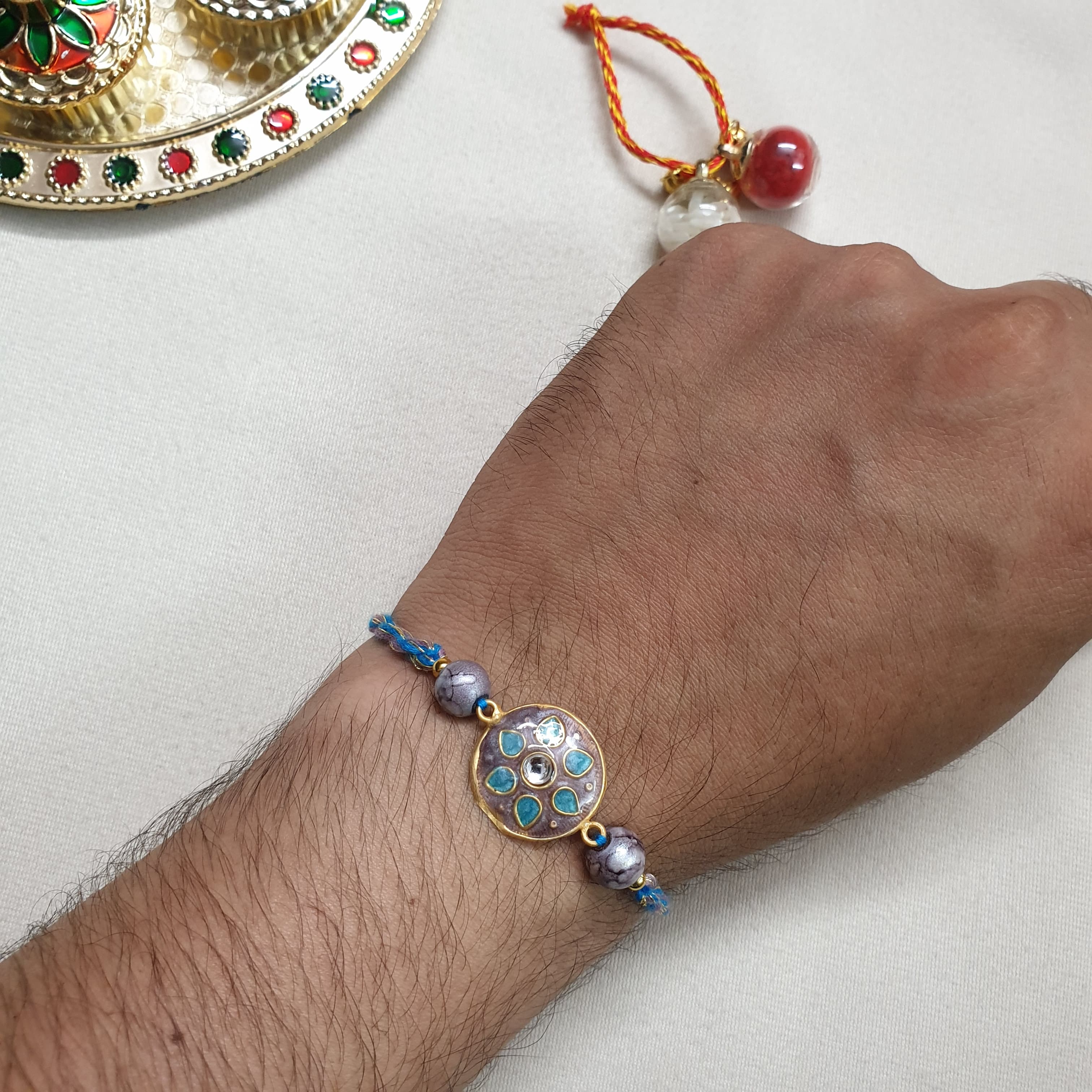 Grey Enamel Floral Kundan Rakhi