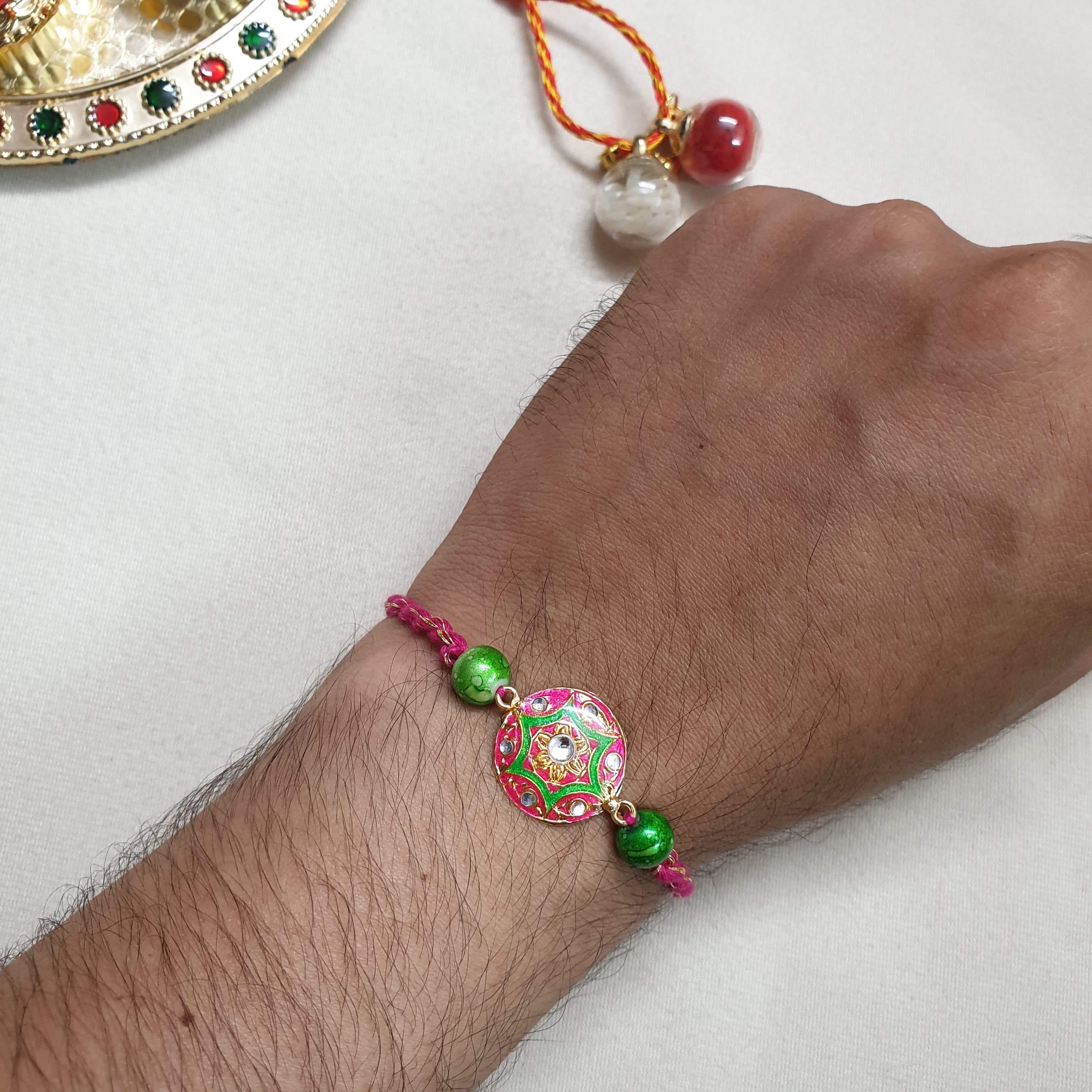 Pink Enamel Floral Kundan Rakhi