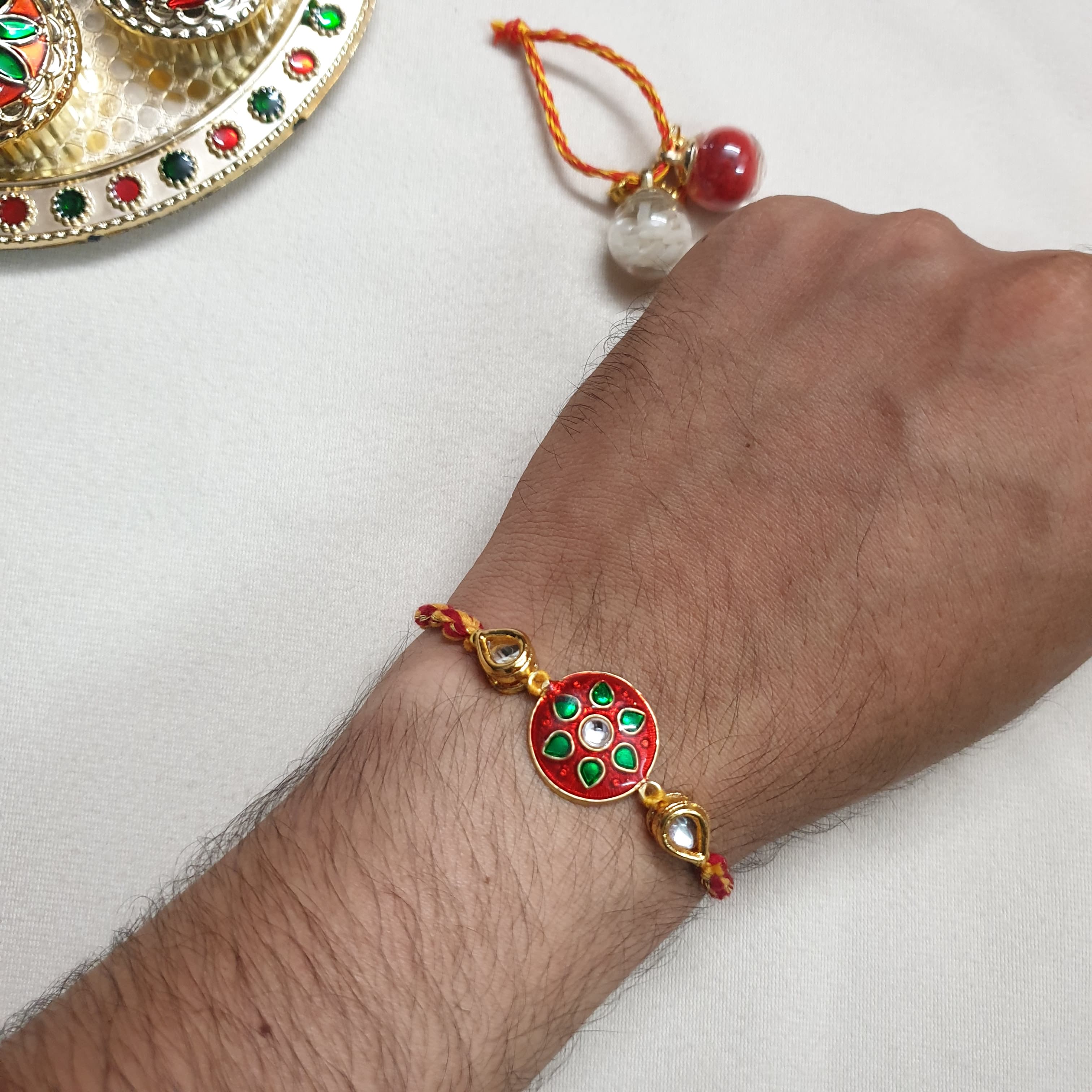 Red Enamel Floral Kundan Rakhi