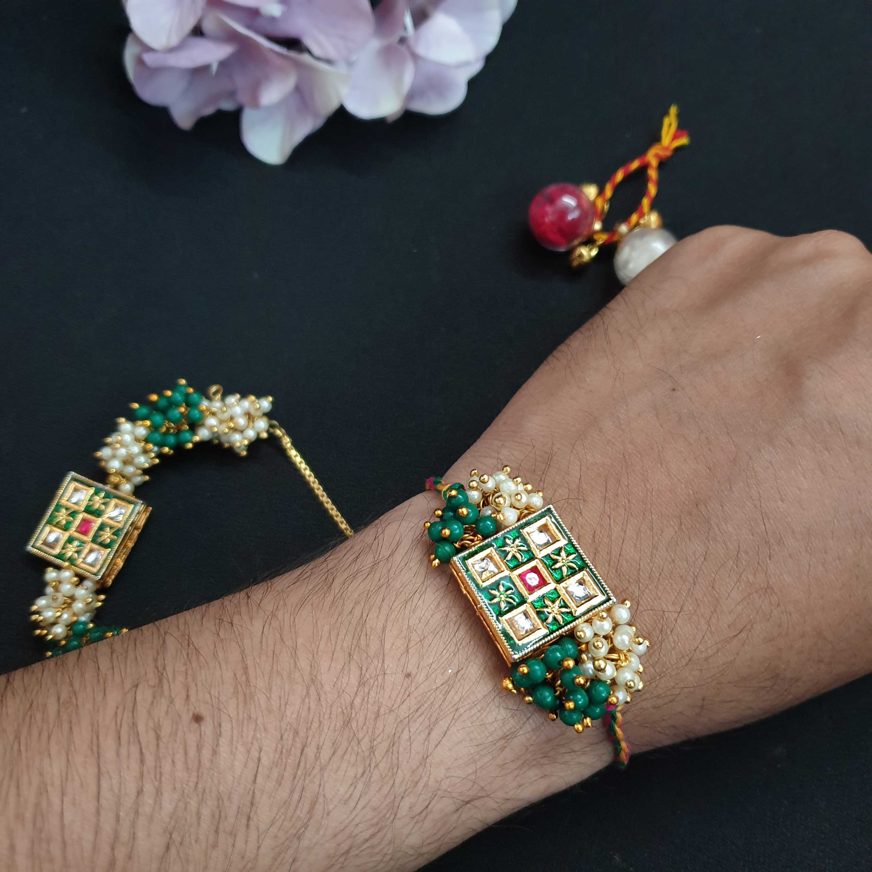 Green Meenakari Square Kundan Rakhi Set