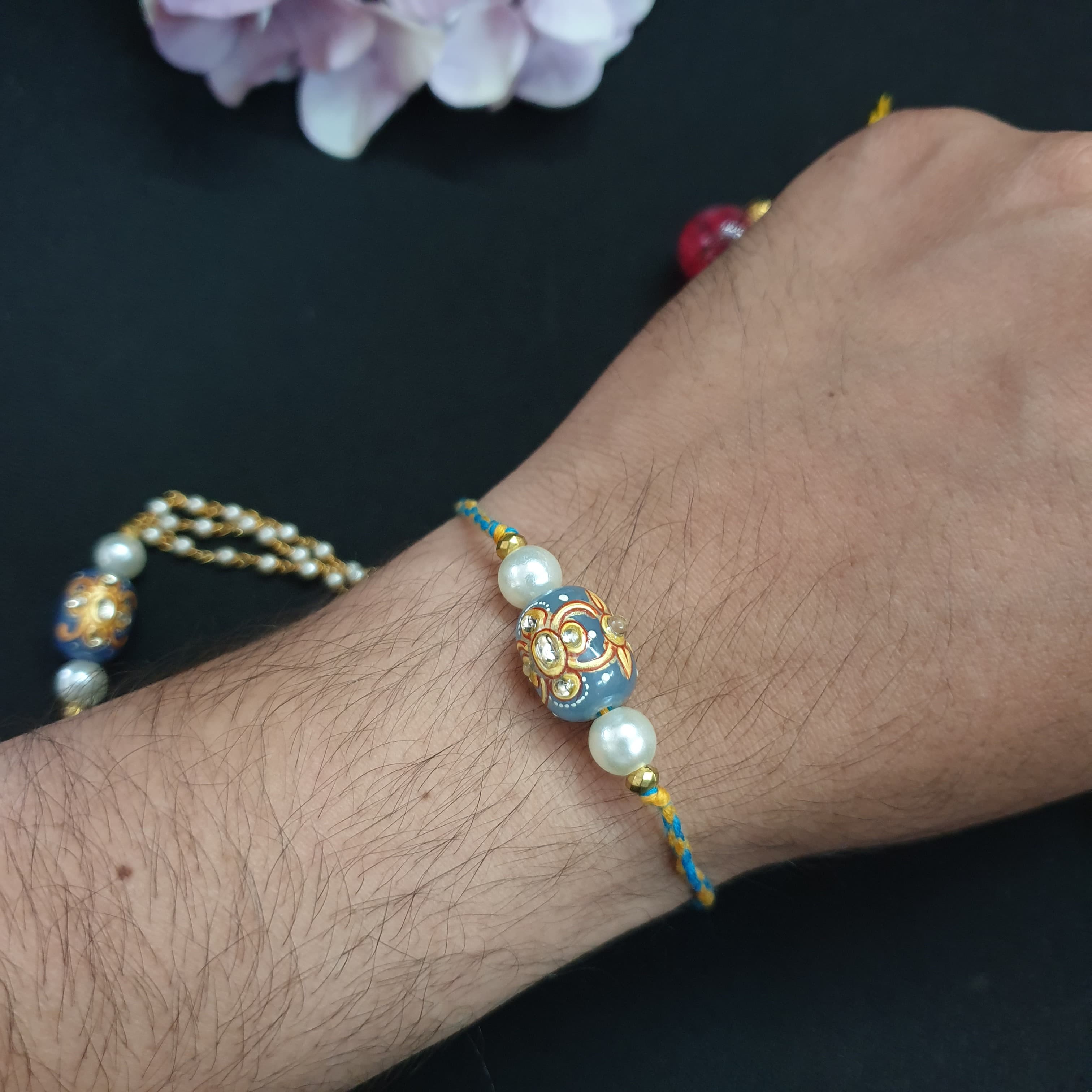 Blue Handpainted Stone Rakhi Set