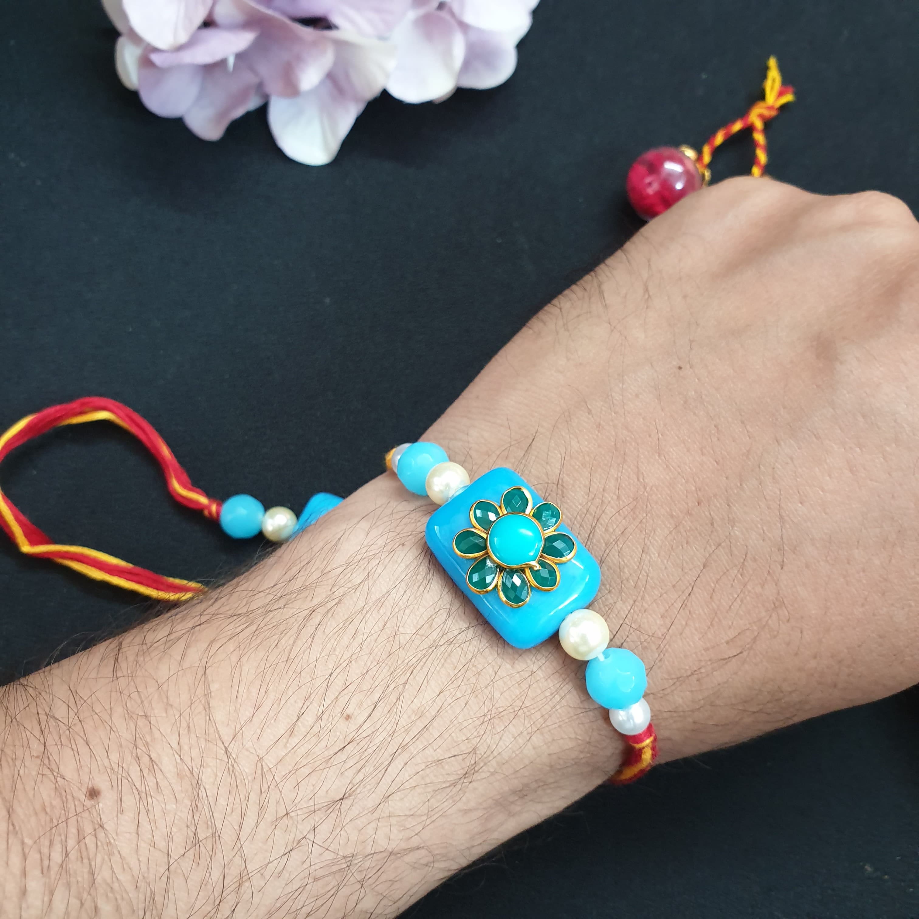 Sky Blue Paachi Kundan Rakhi Set