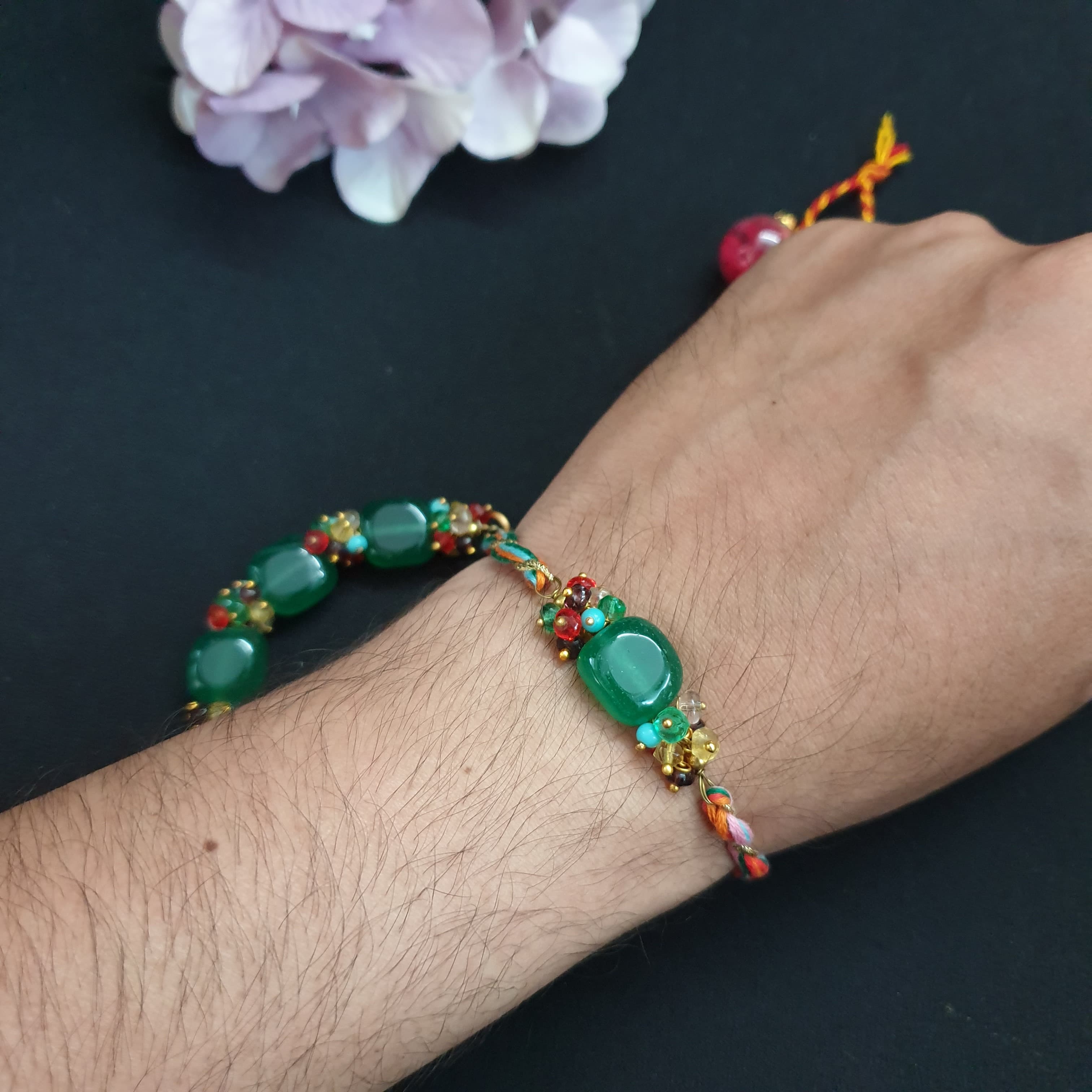 Emerald Green Stone Kundan Rakhi Set