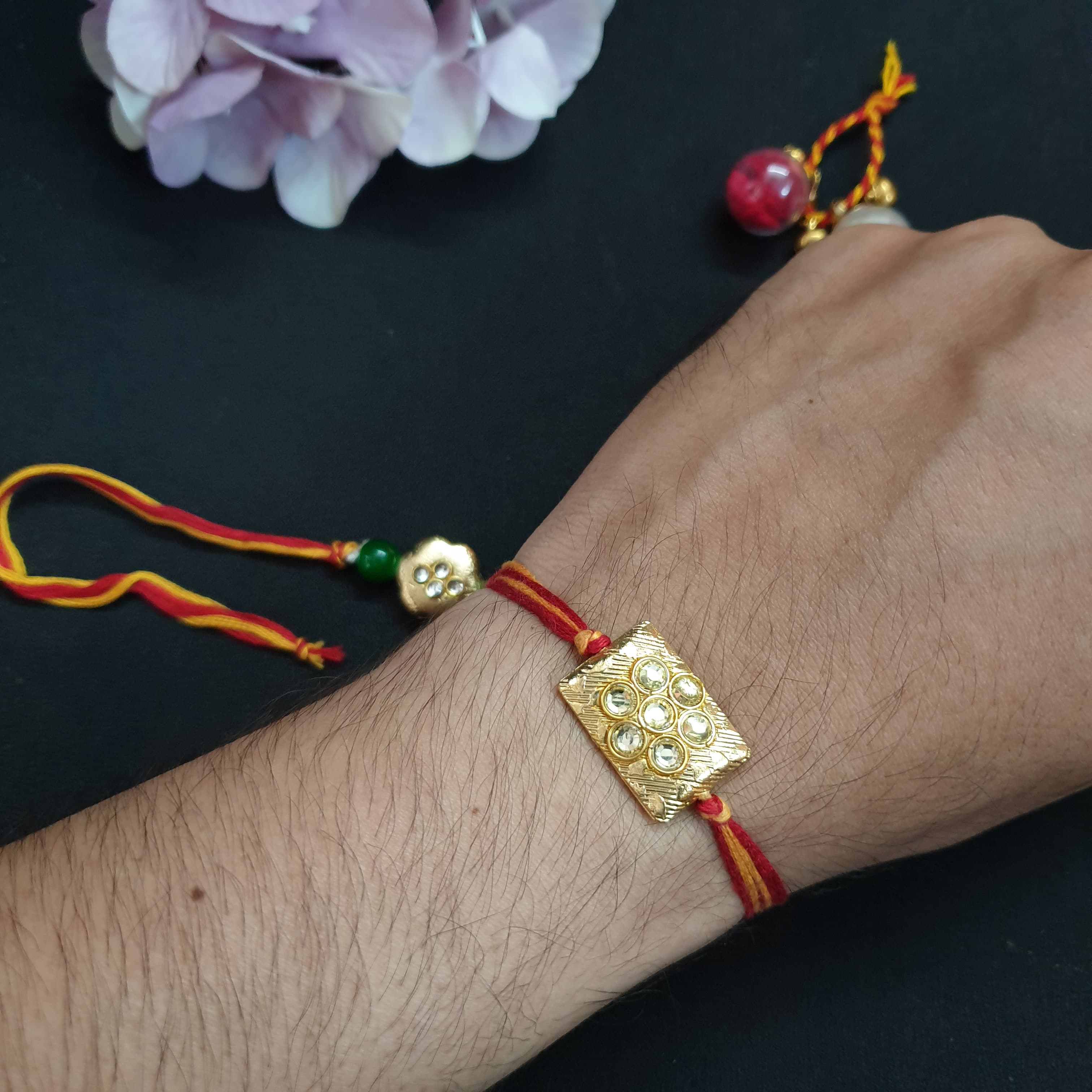 Golden Kundan Couple Rakhi Lumba Set