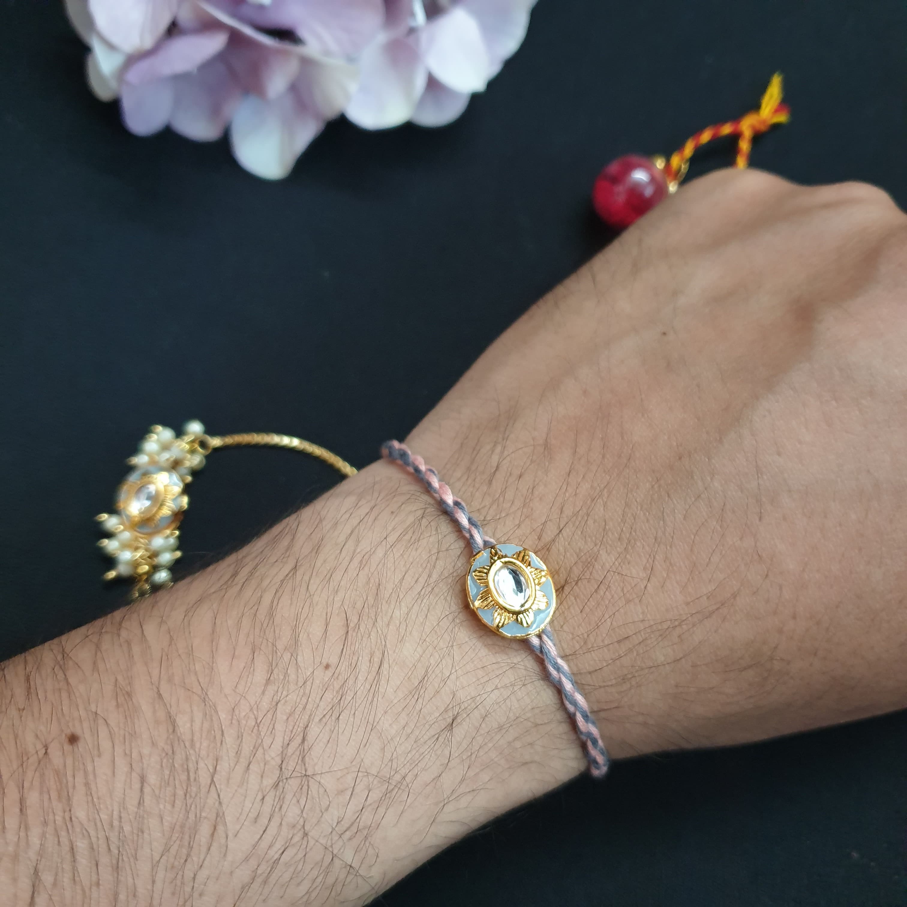 Grey Kundan Couple Rakhi Set