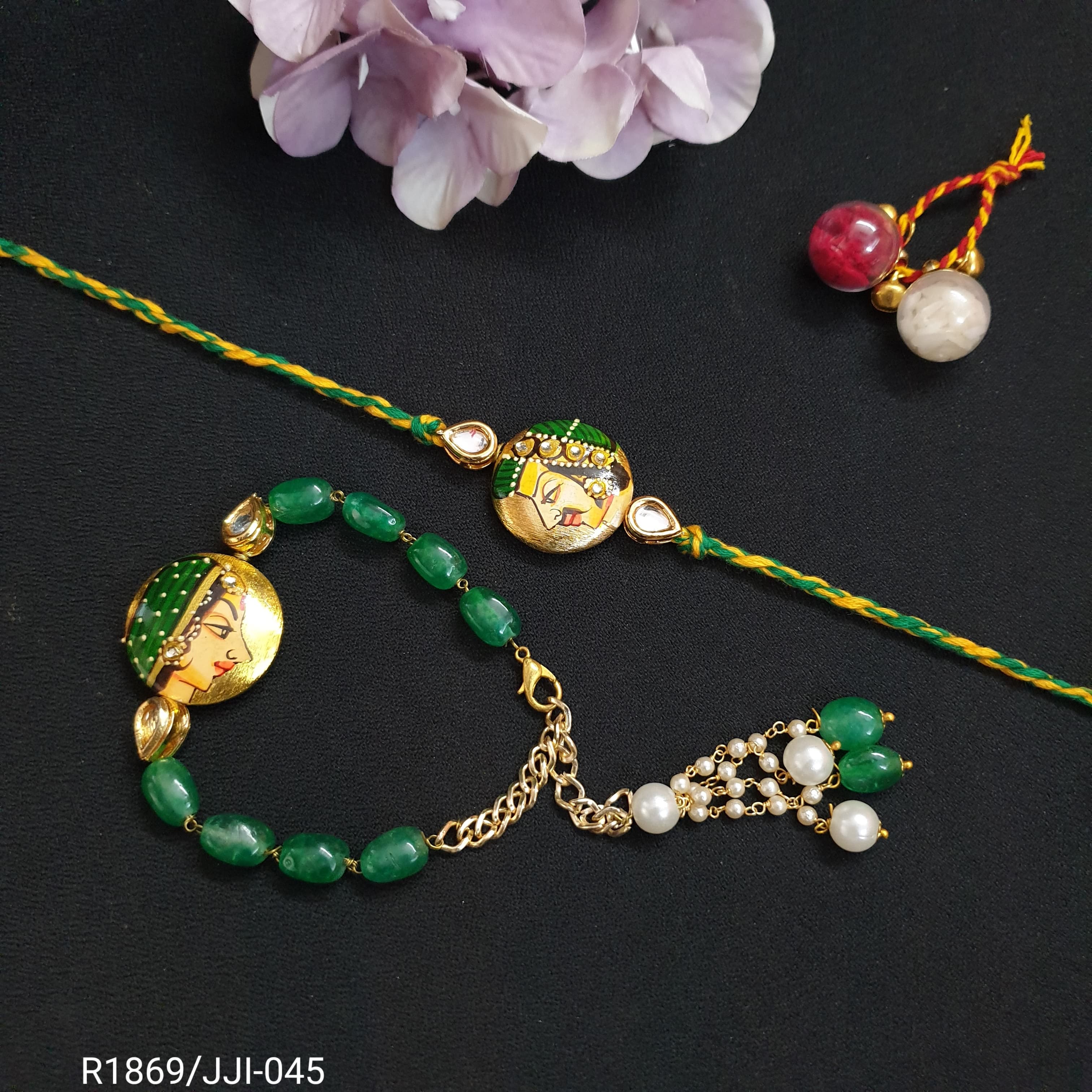 Green Raja Rani Couple Rakhi Set