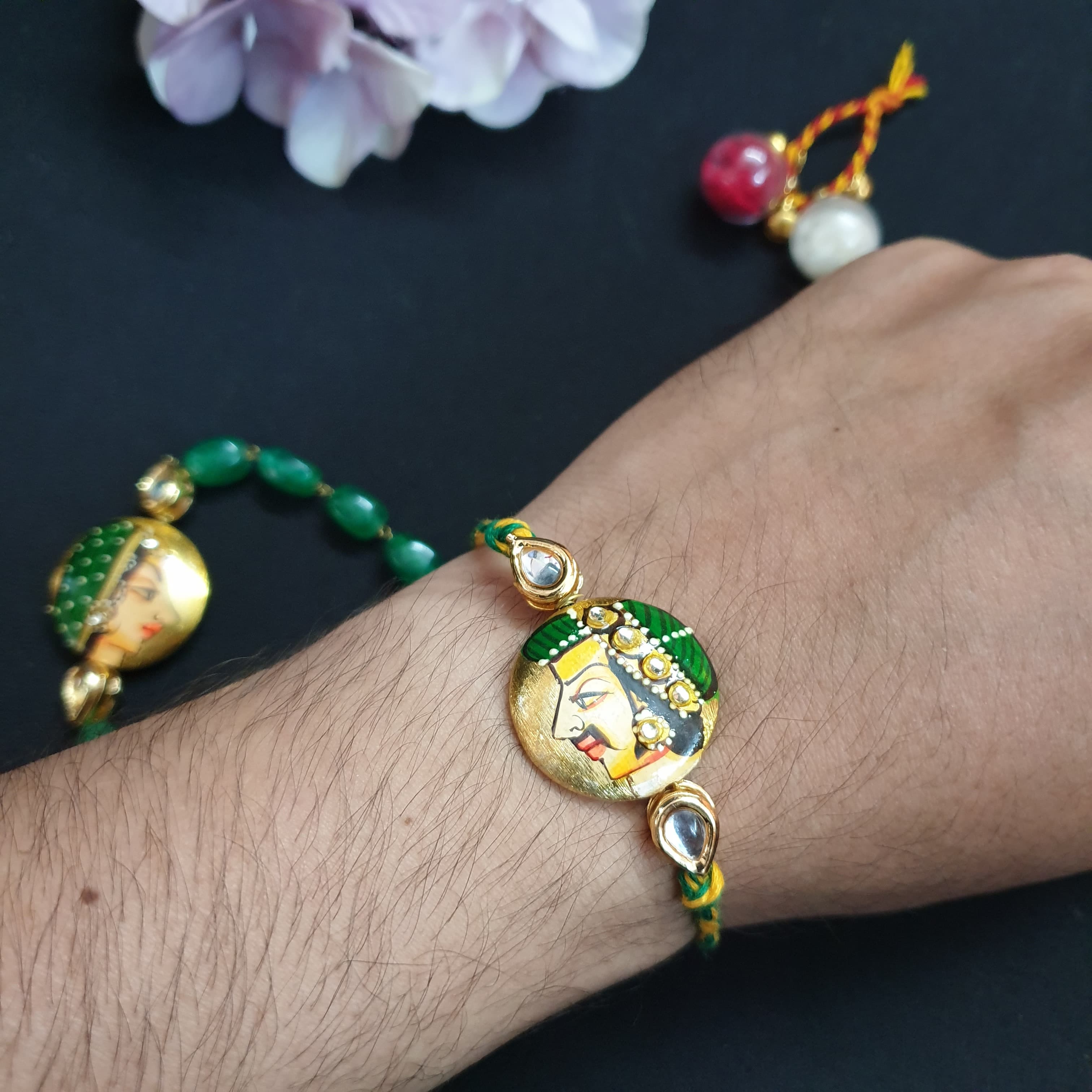 Green Raja Rani Couple Rakhi Set