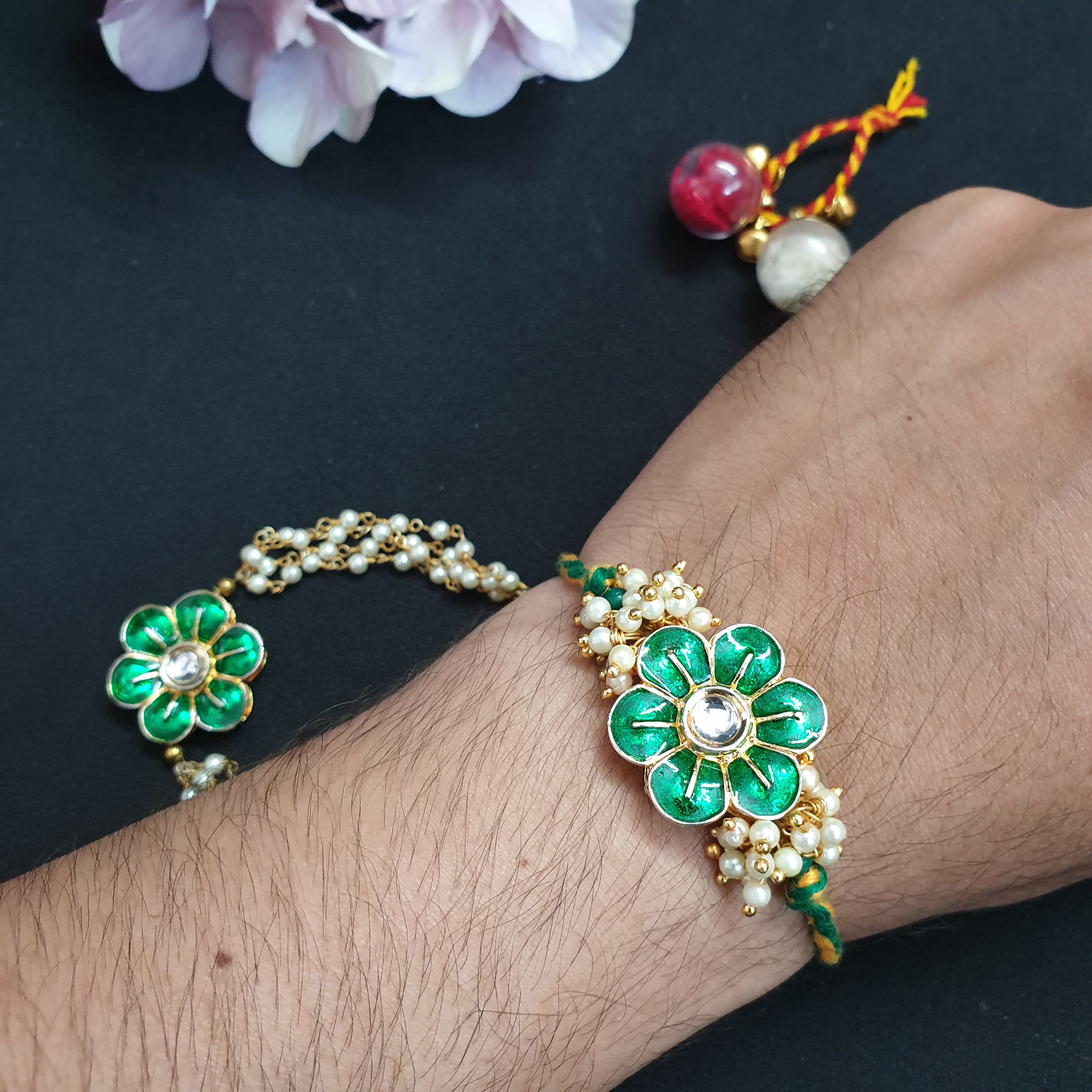 Green Flower Meena Couple Rakhi Set
