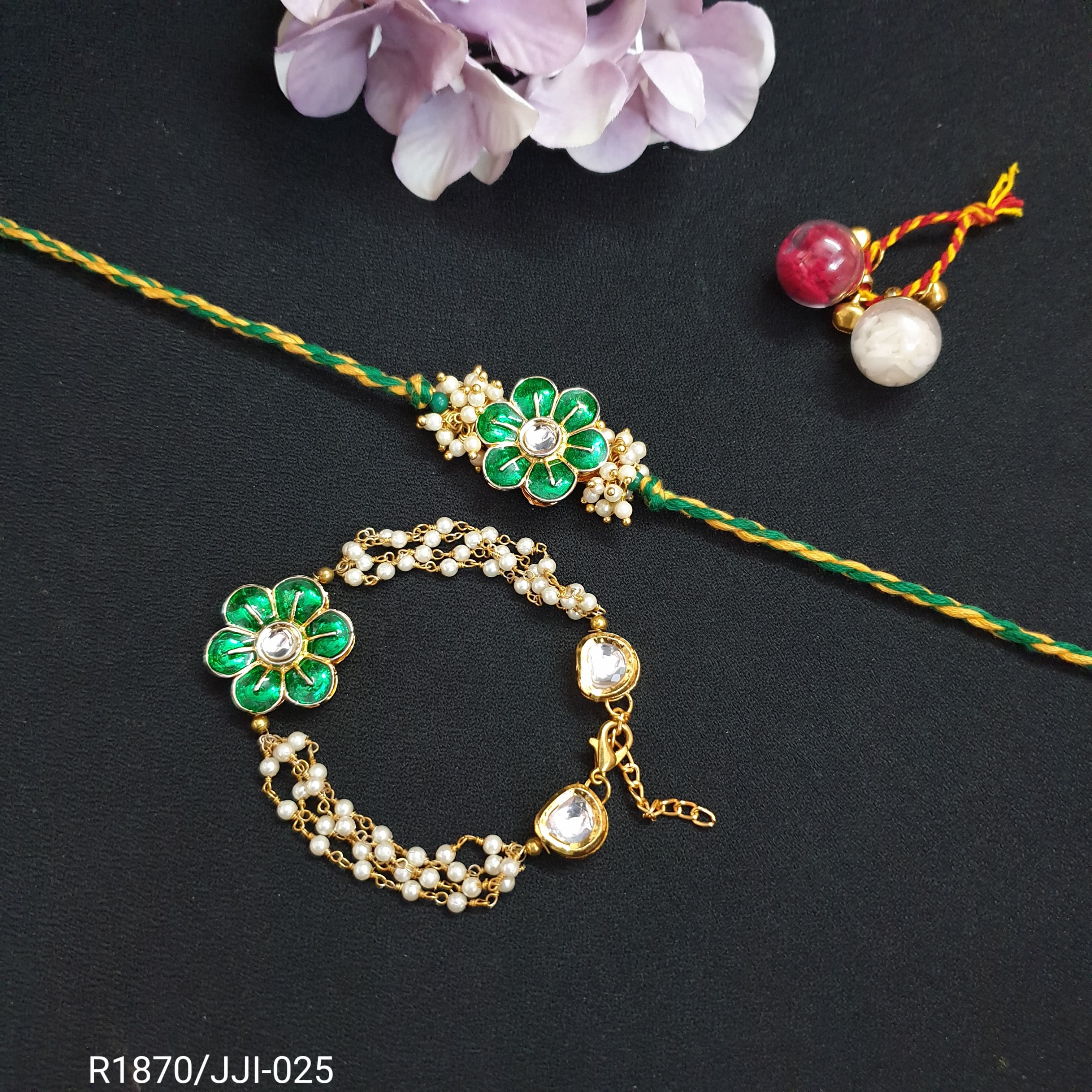 Green Flower Meena Couple Rakhi Set