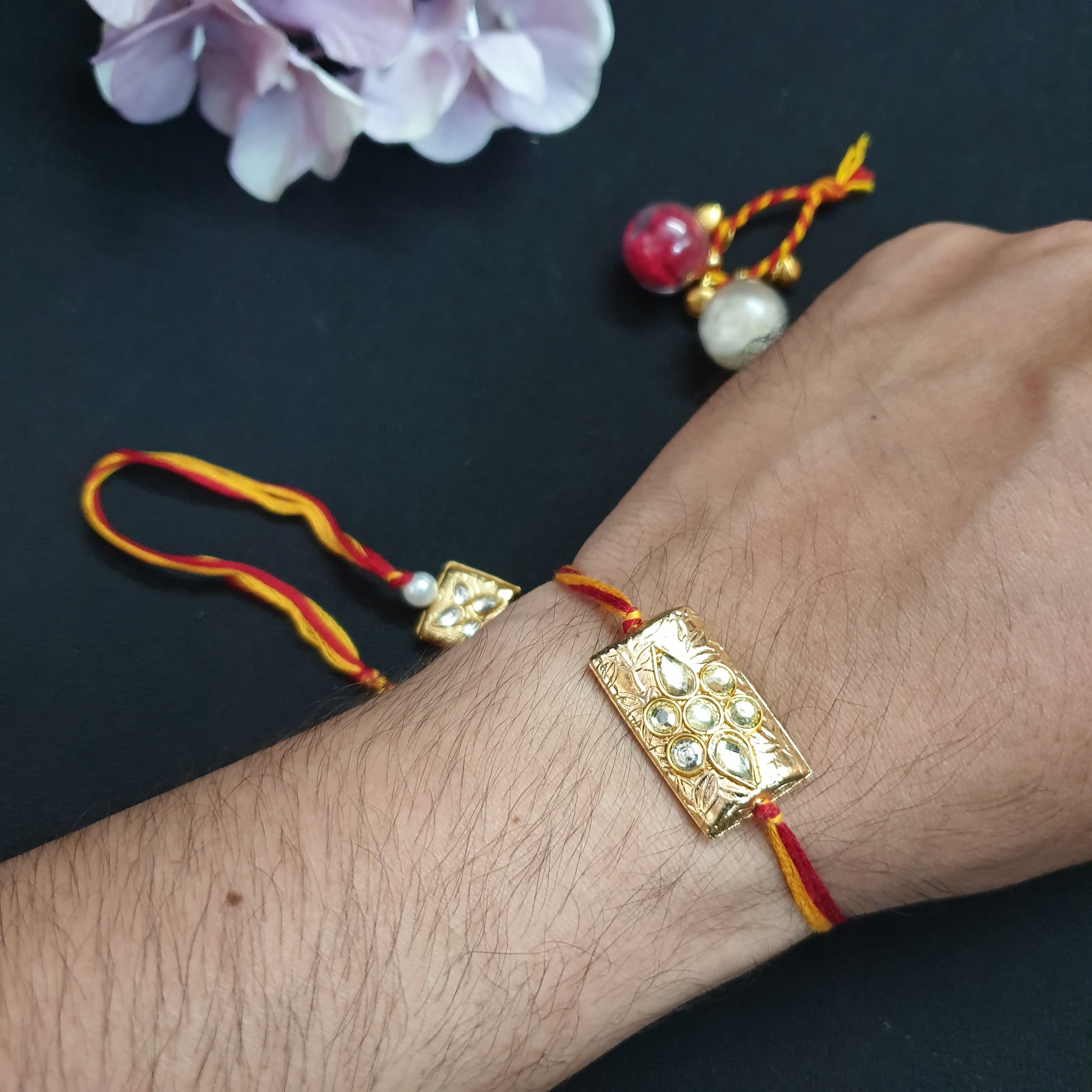 Gold Kundan Couple Rakhi Lumba Set