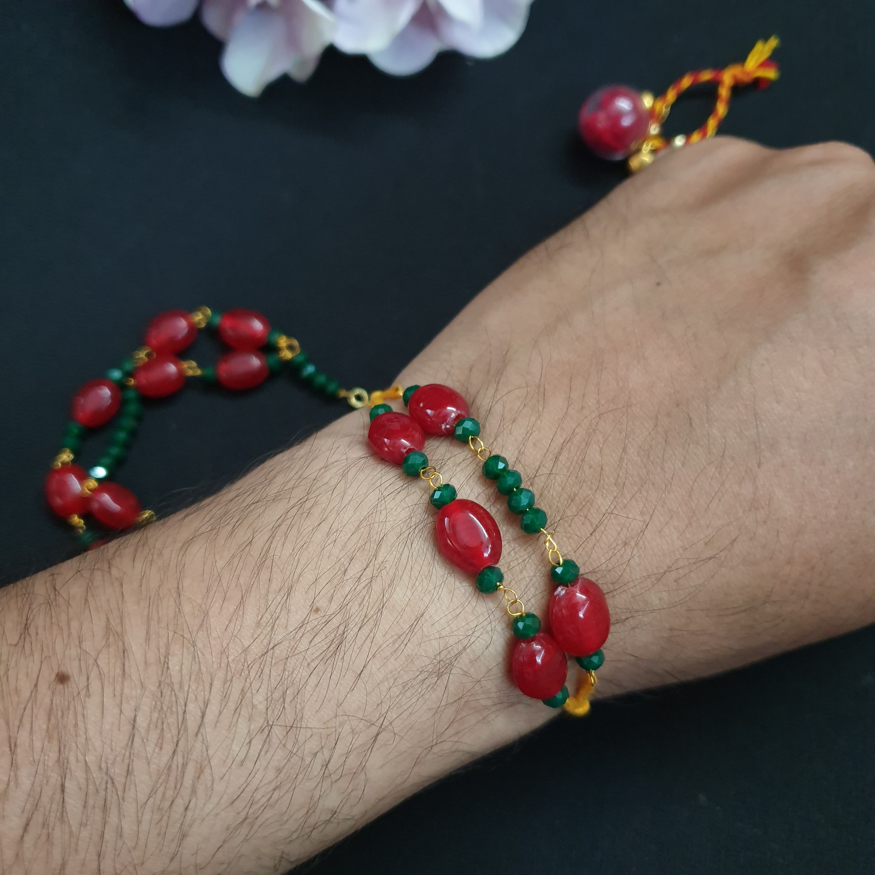 Red Beaded Couple Rakhi Set