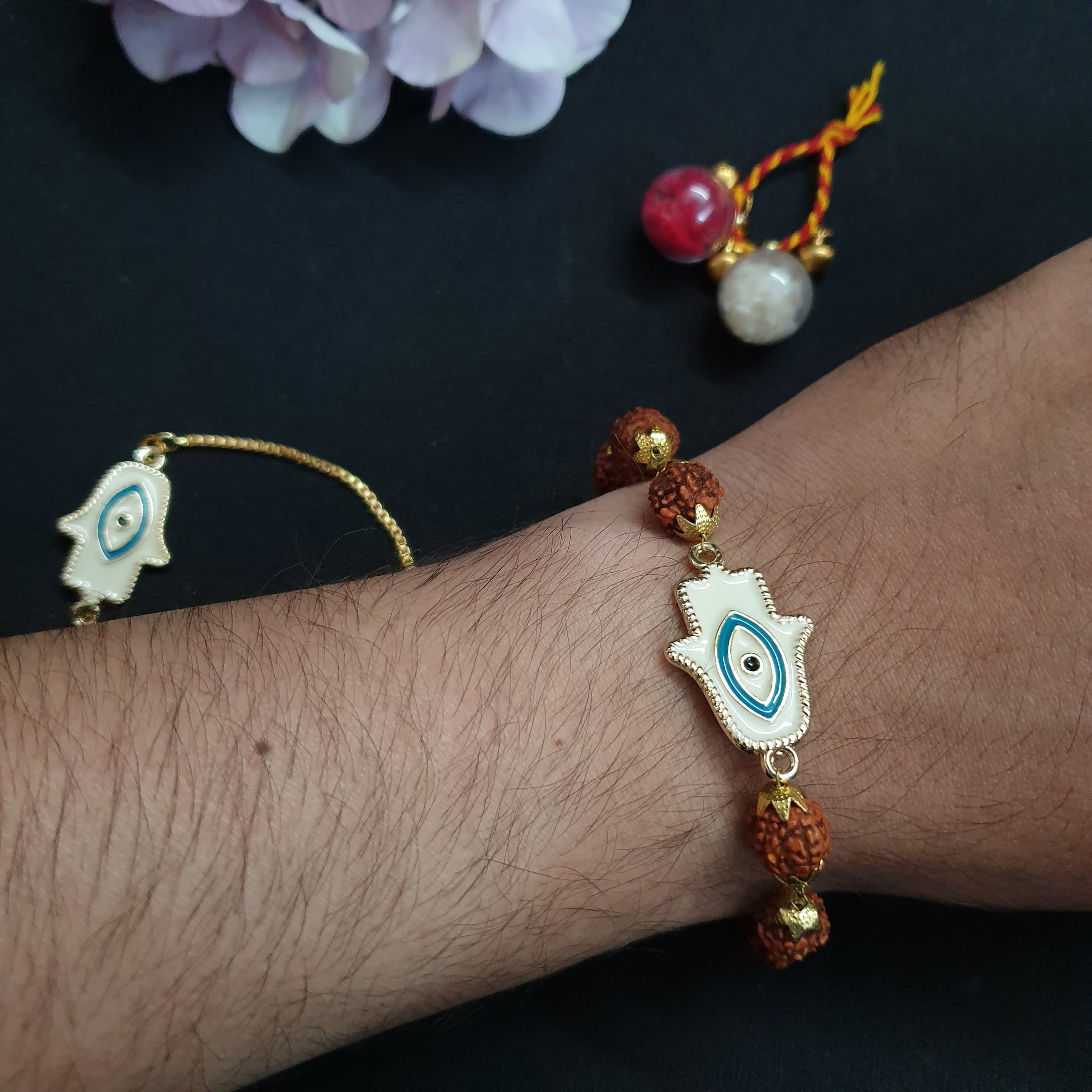 Humsa Rudraksha Couple Rakhi Set