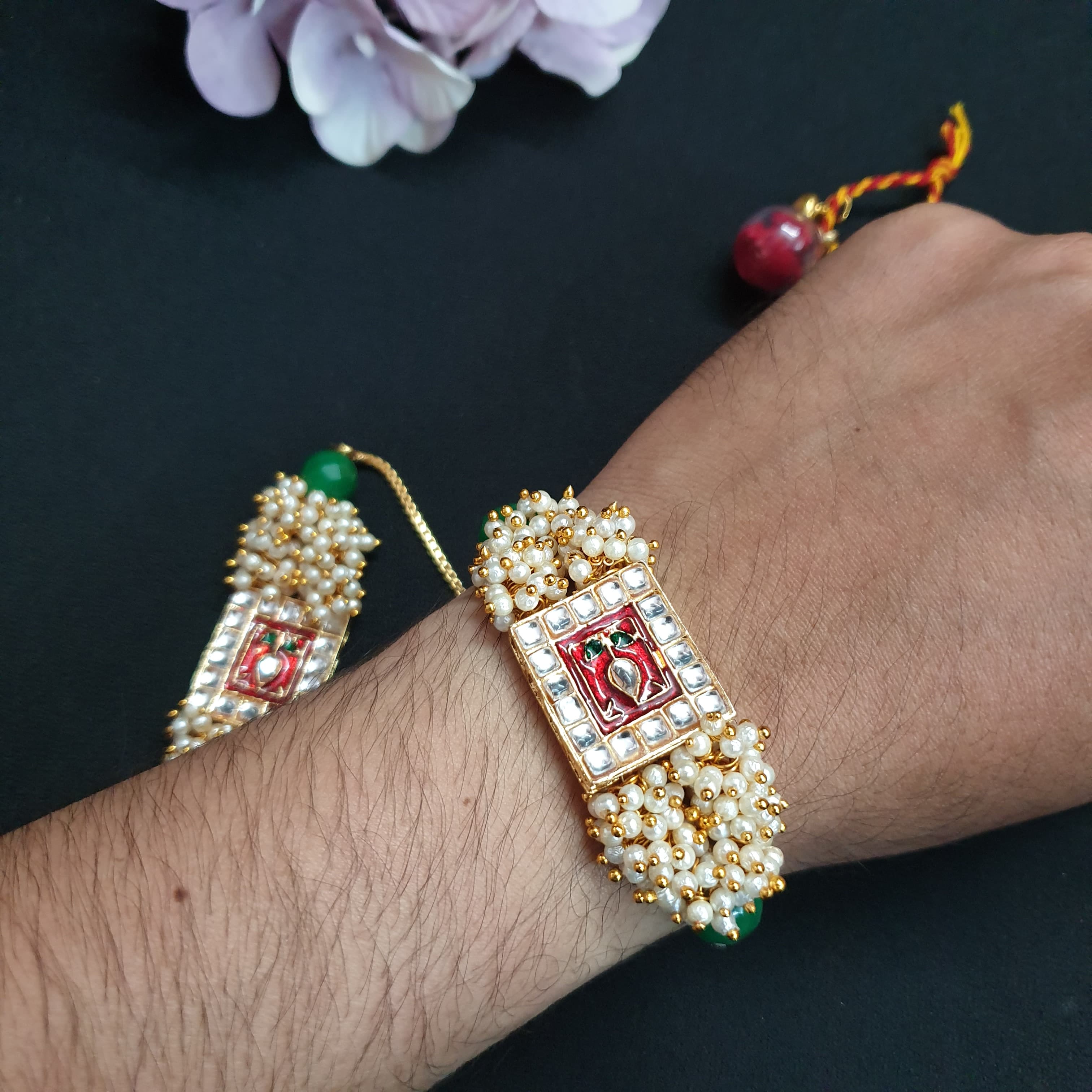 Red Meenakari Pearl Couple Rakhi Set