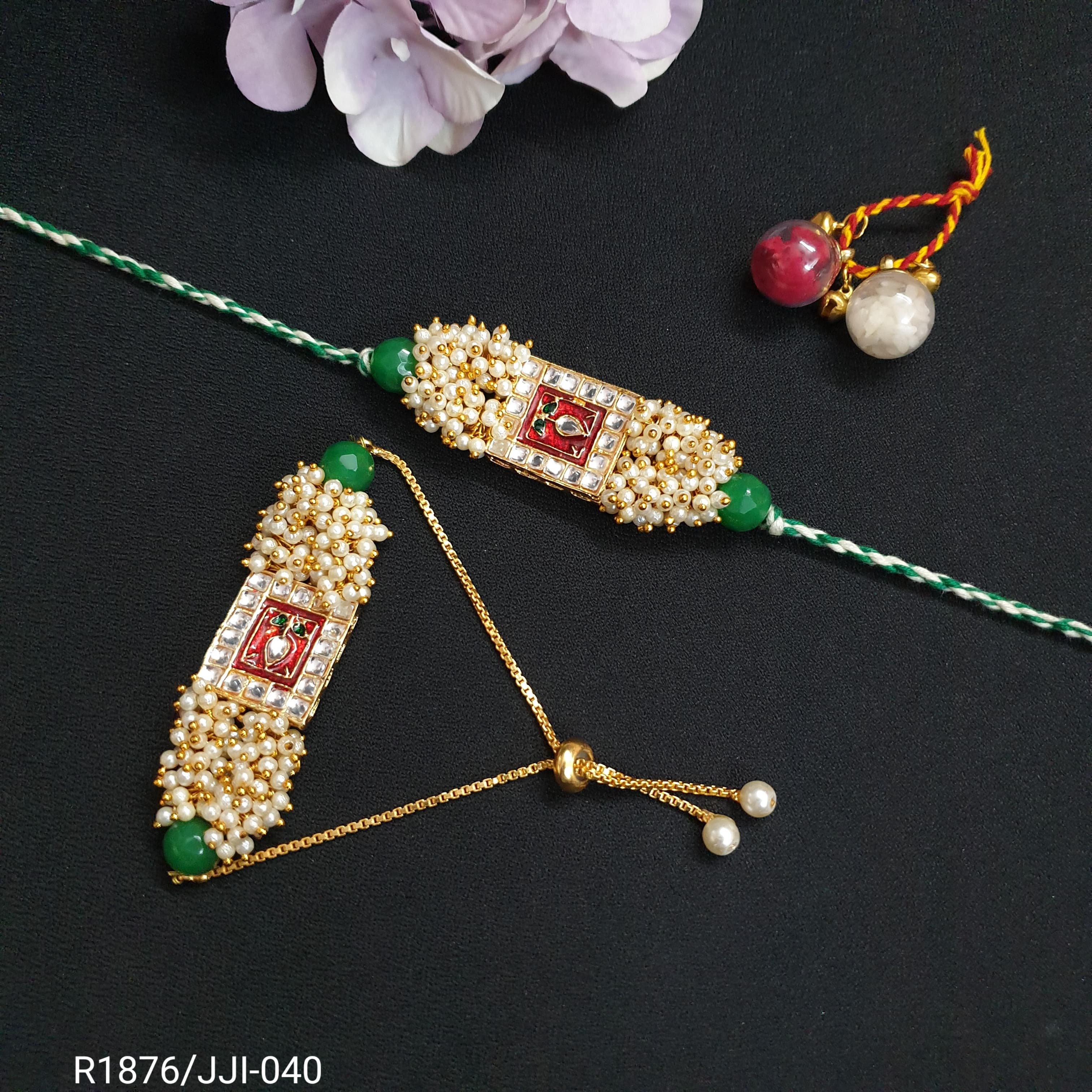 Red Meenakari Pearl Couple Rakhi Set