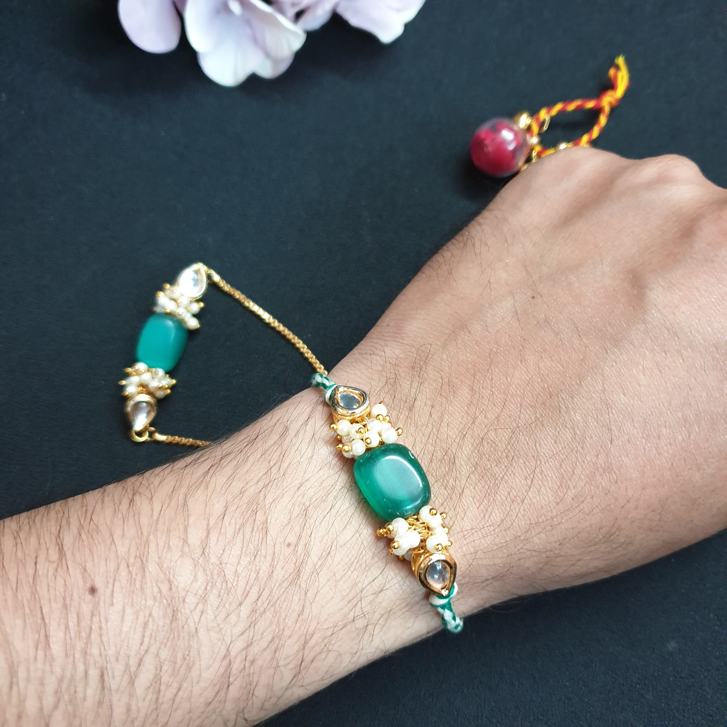 Kundan Green Stone Couple Rakhi Set