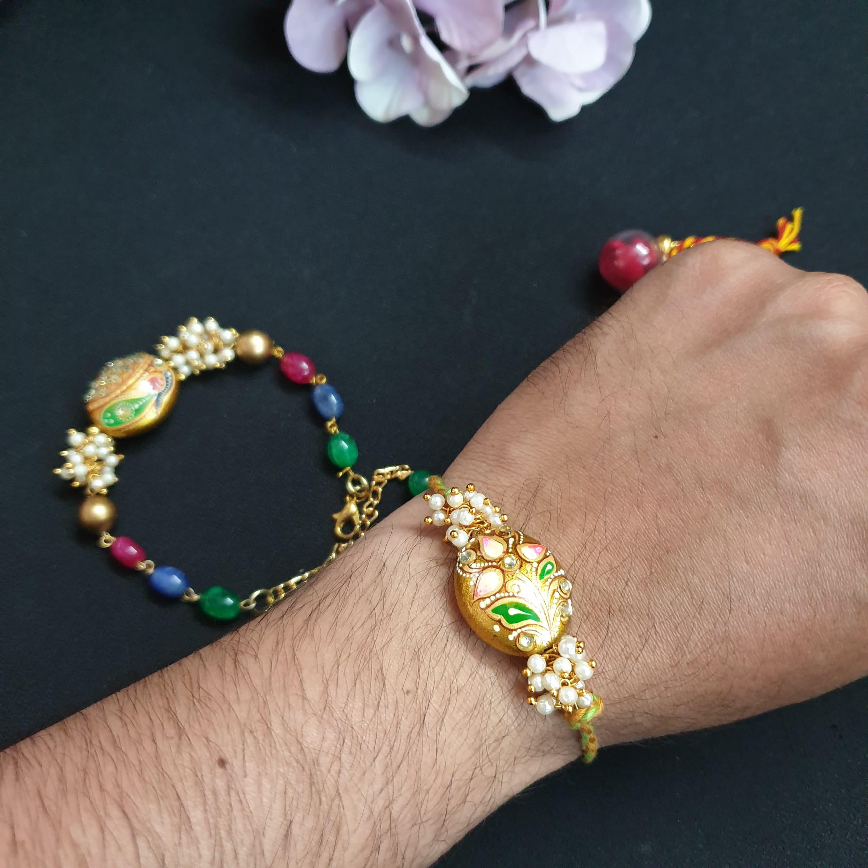 Multicolor Peacock Meenakari Couple Rakhi Set