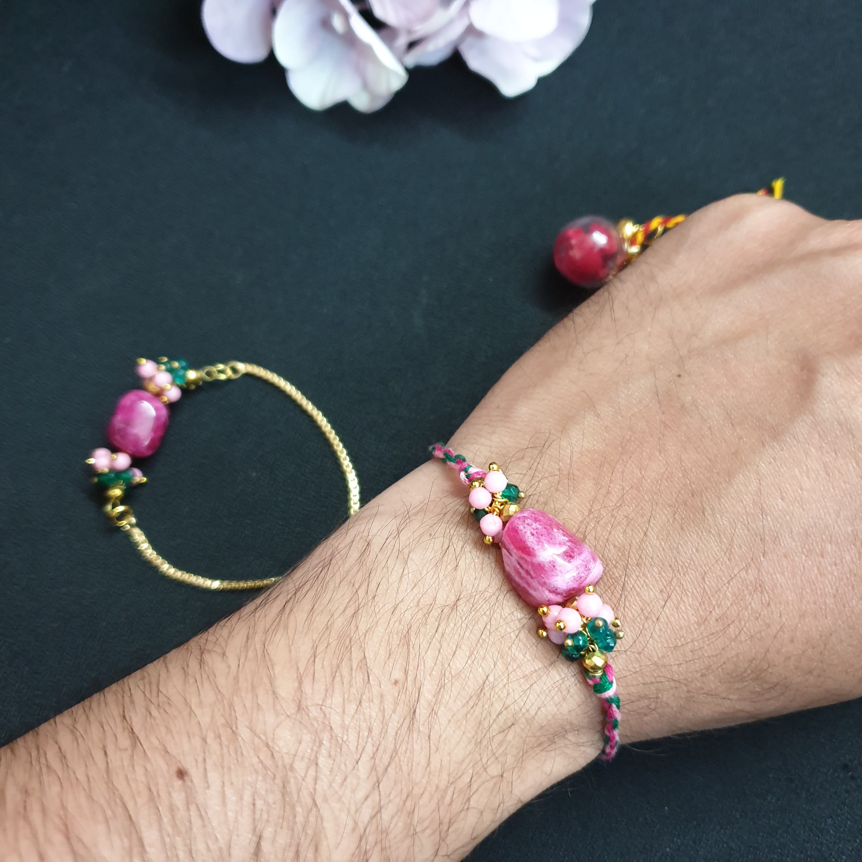 Pink Stone Couple Rakhi Set