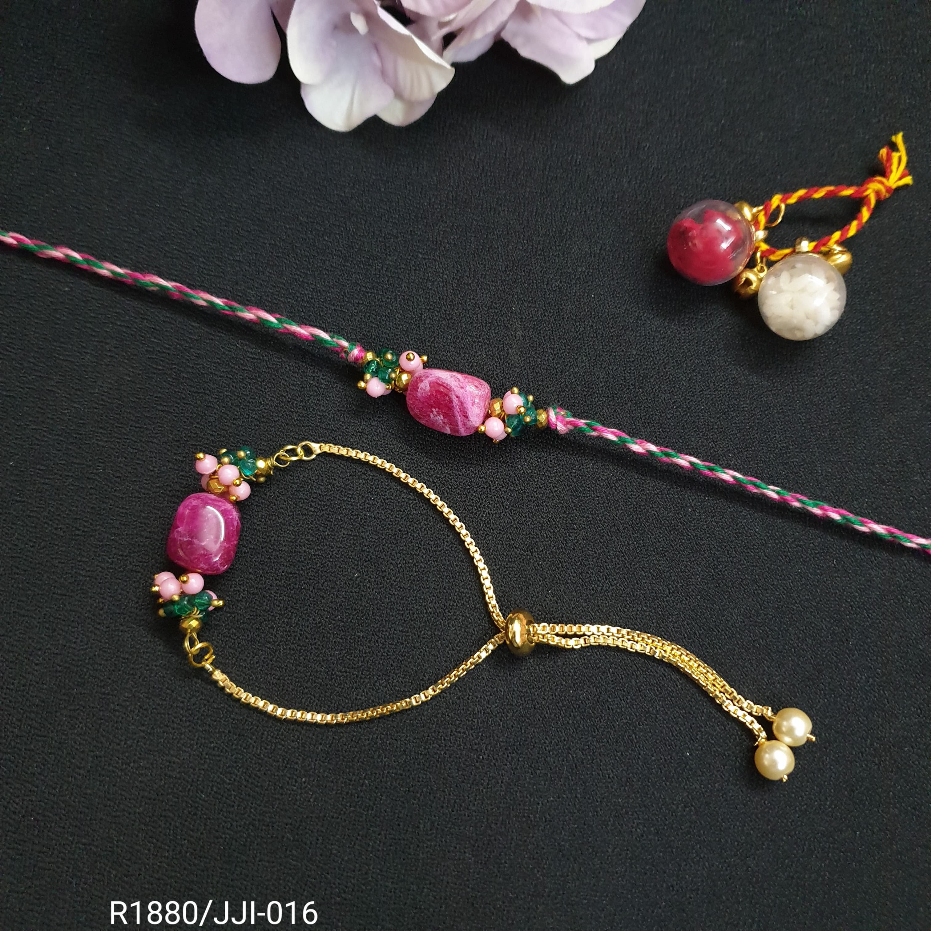 Pink Stone Couple Rakhi Set