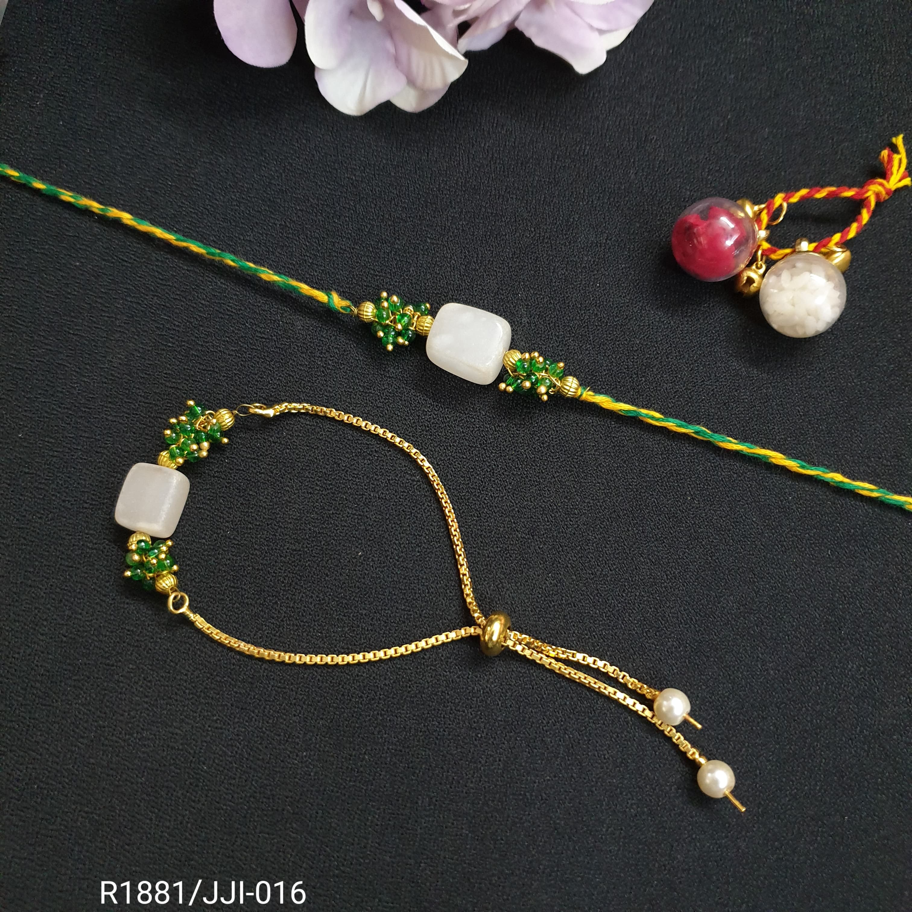 White Stone Couple Rakhi Set
