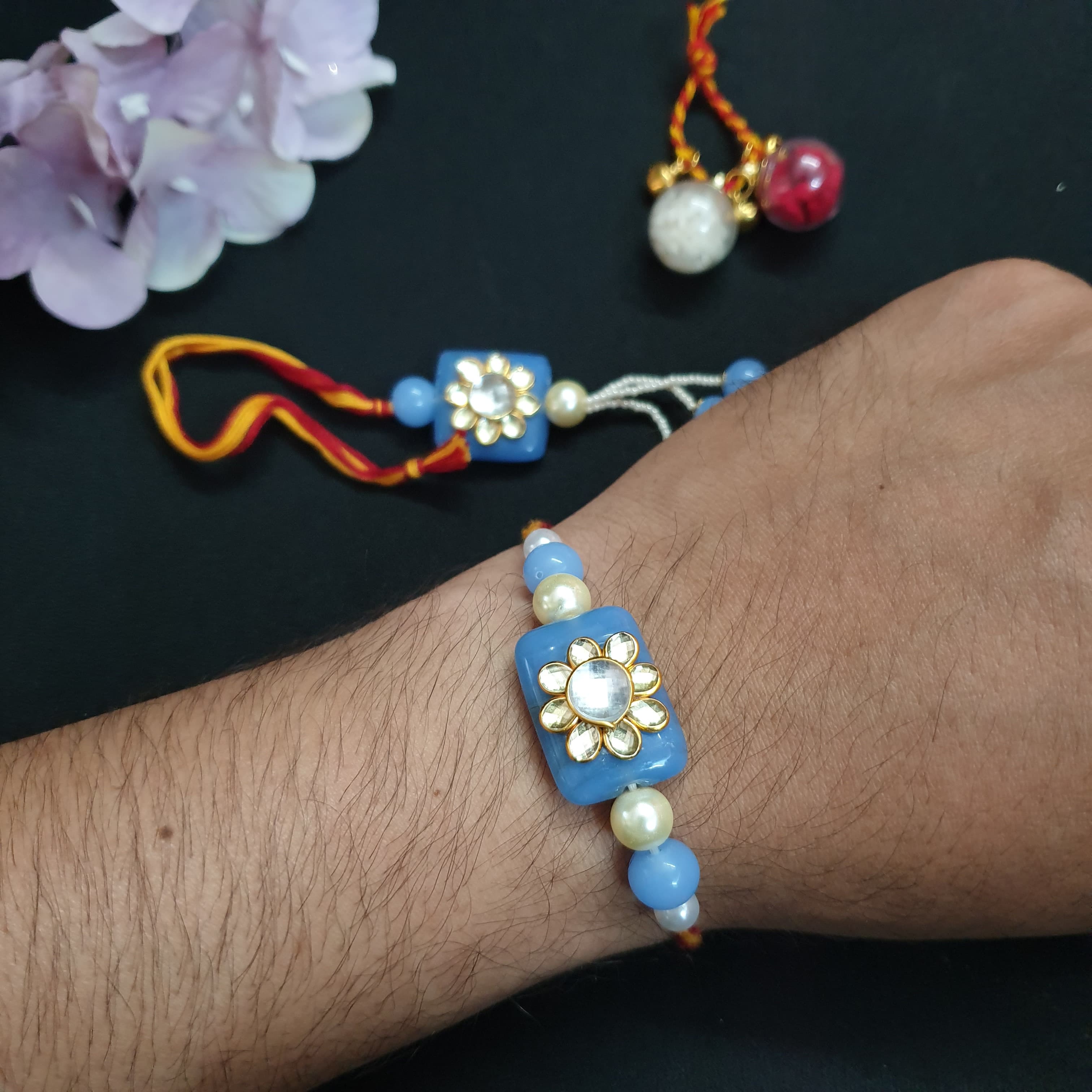 Ice Blue Paachi Kundan Bhaiya Bhabhi Rakhi Set