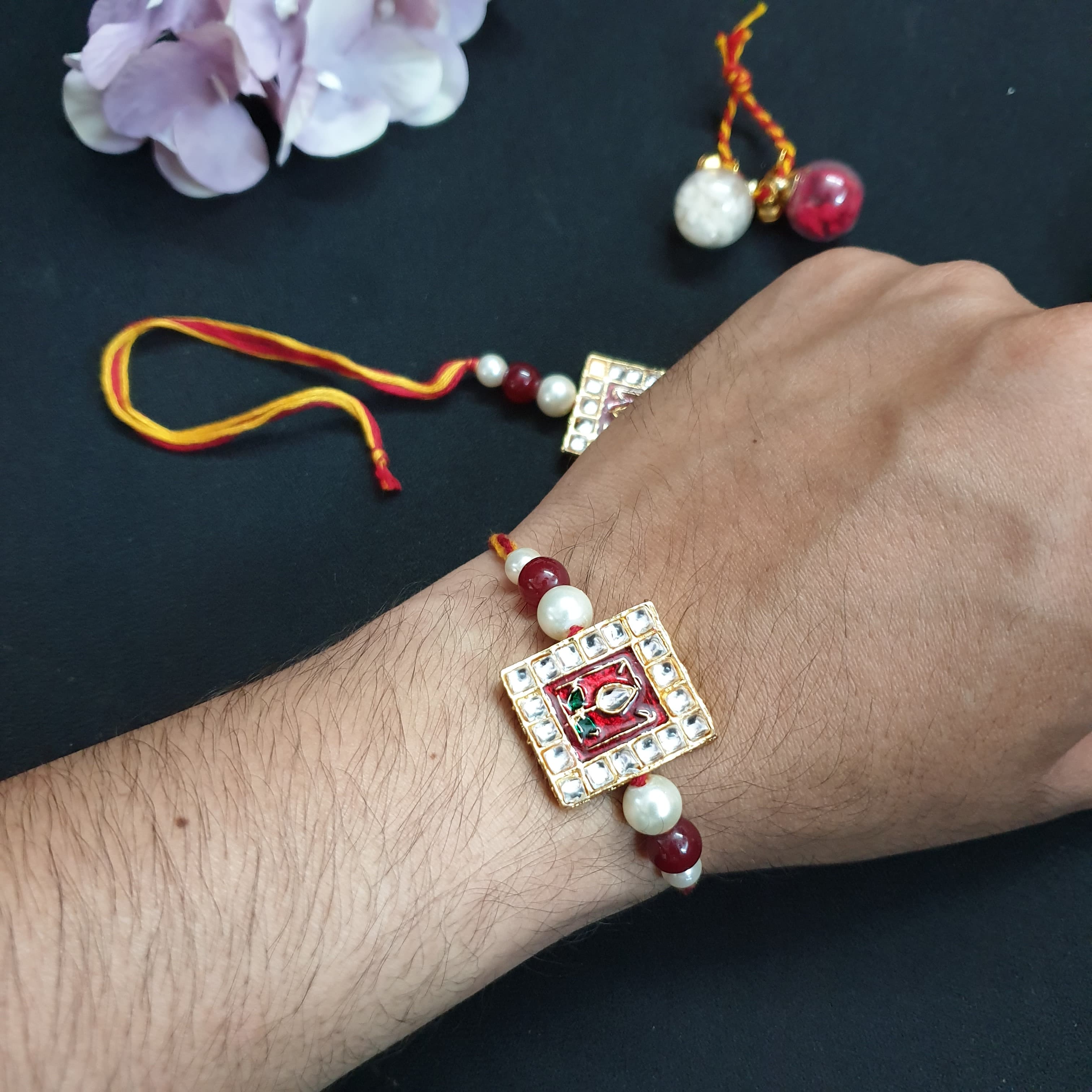 Red Kundan Meena Bhaiya Bhabhi Rakhi Set