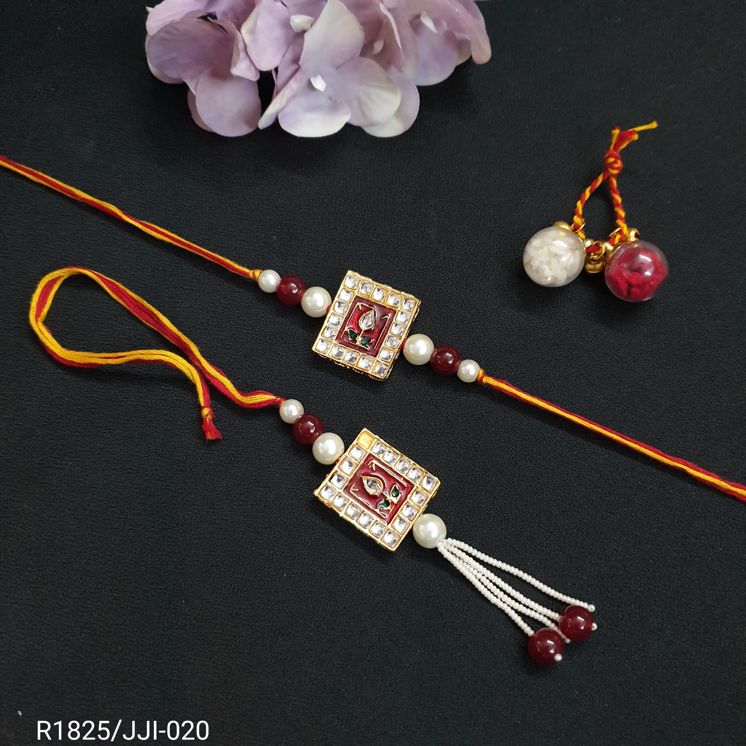 Red Kundan Meena Bhaiya Bhabhi Rakhi Set
