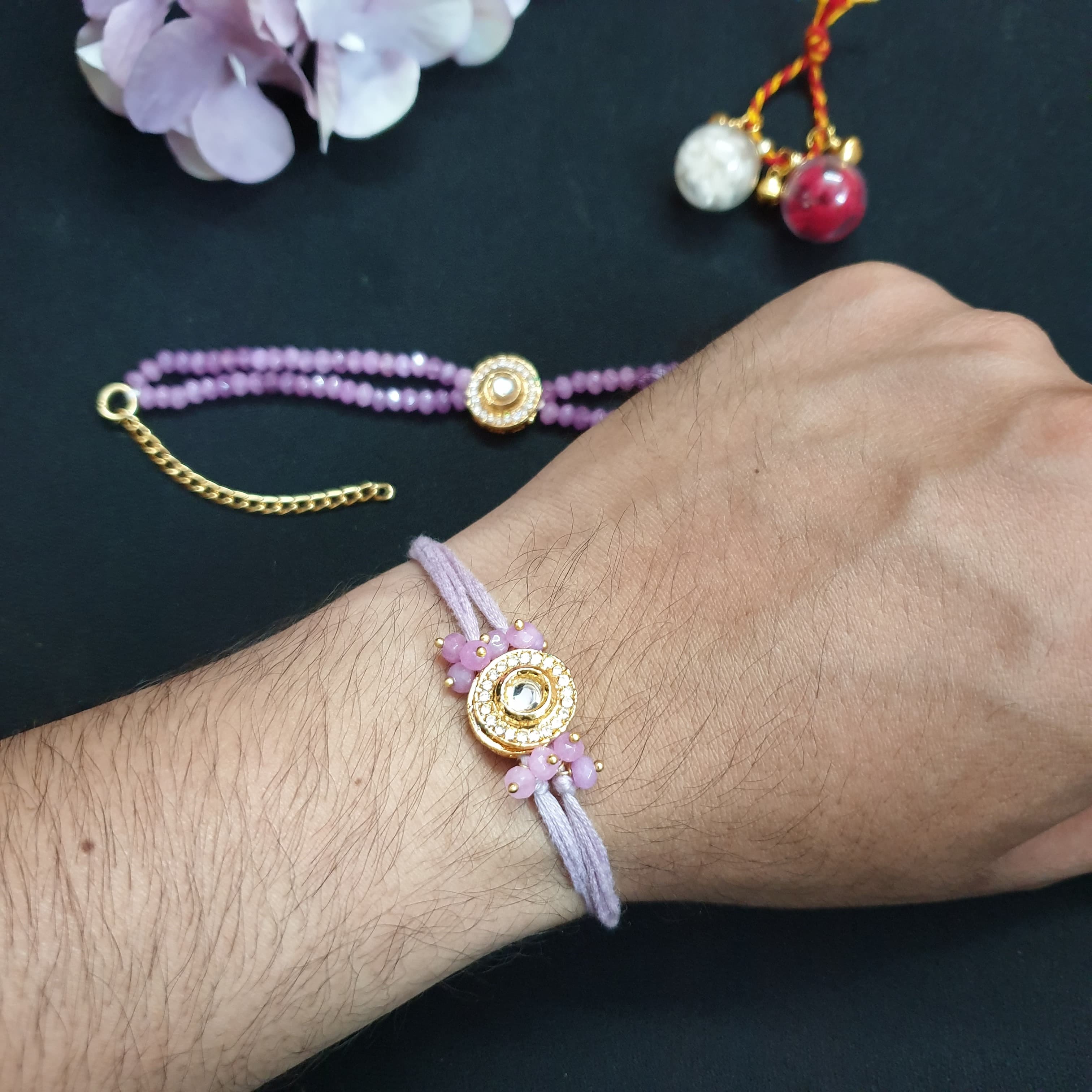 Mauve Purple Kundan Bhaiya Bhabhi Rakhi Set