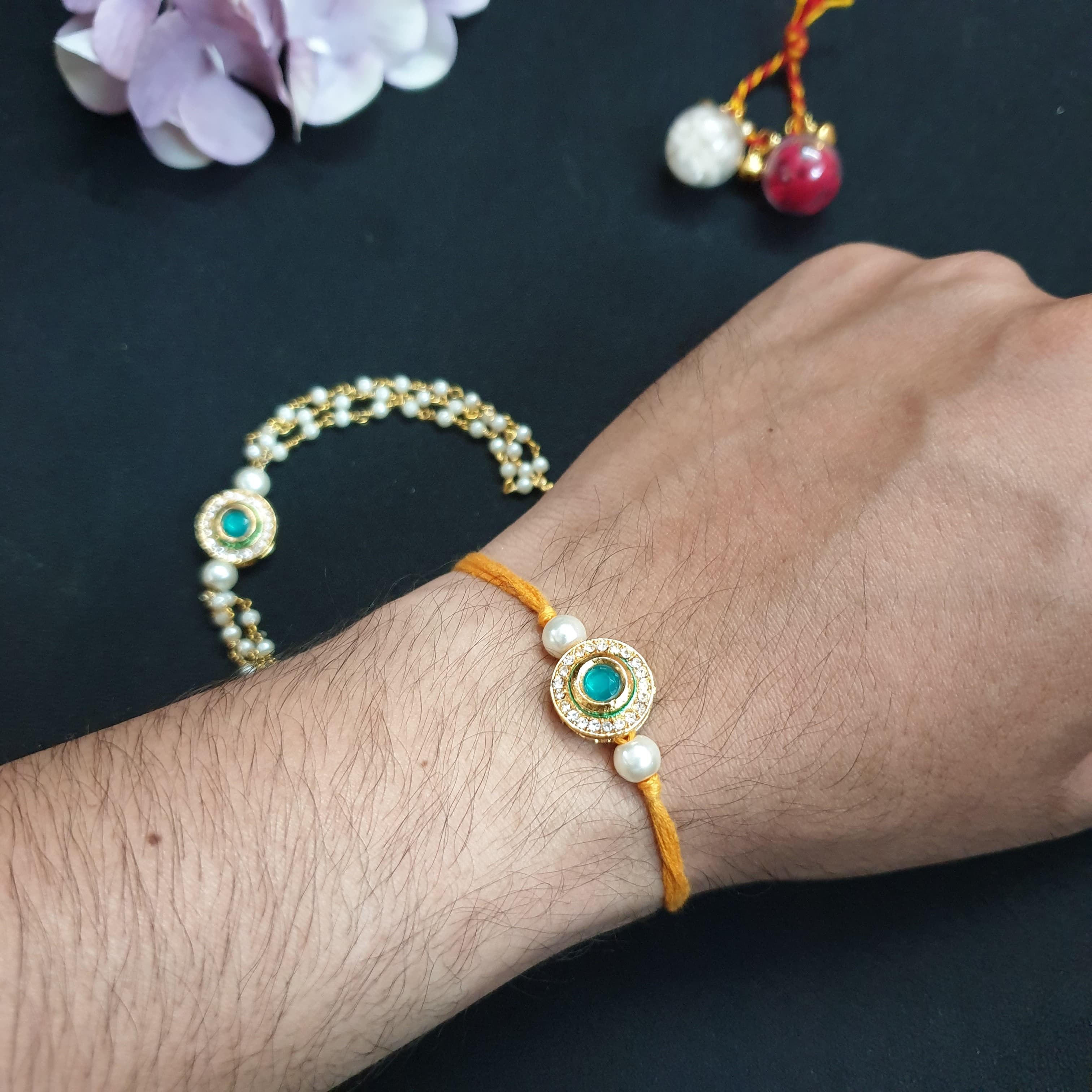 Green AD Pearl Bhaiya Bhabhi Rakhi Set