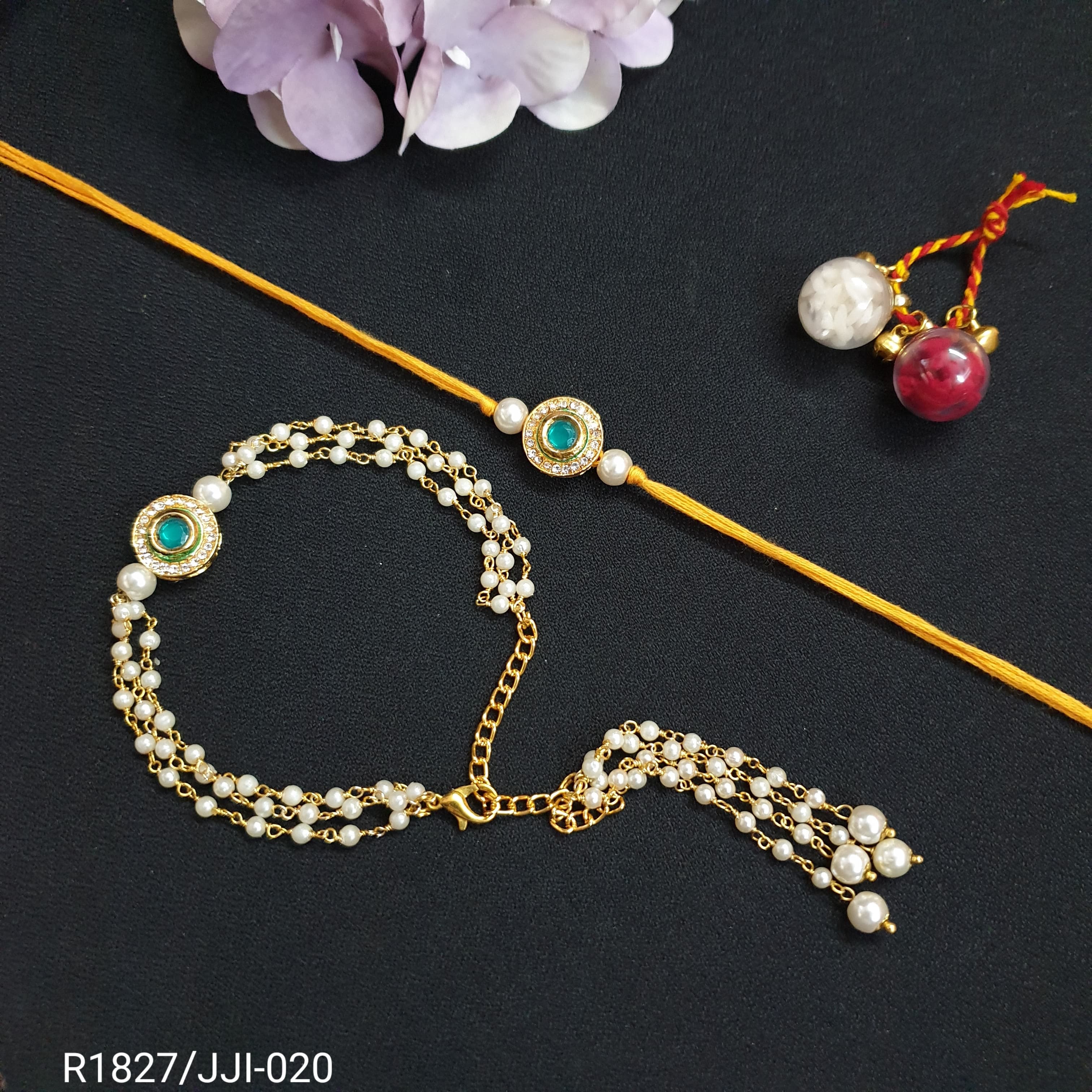 Green AD Pearl Bhaiya Bhabhi Rakhi Set