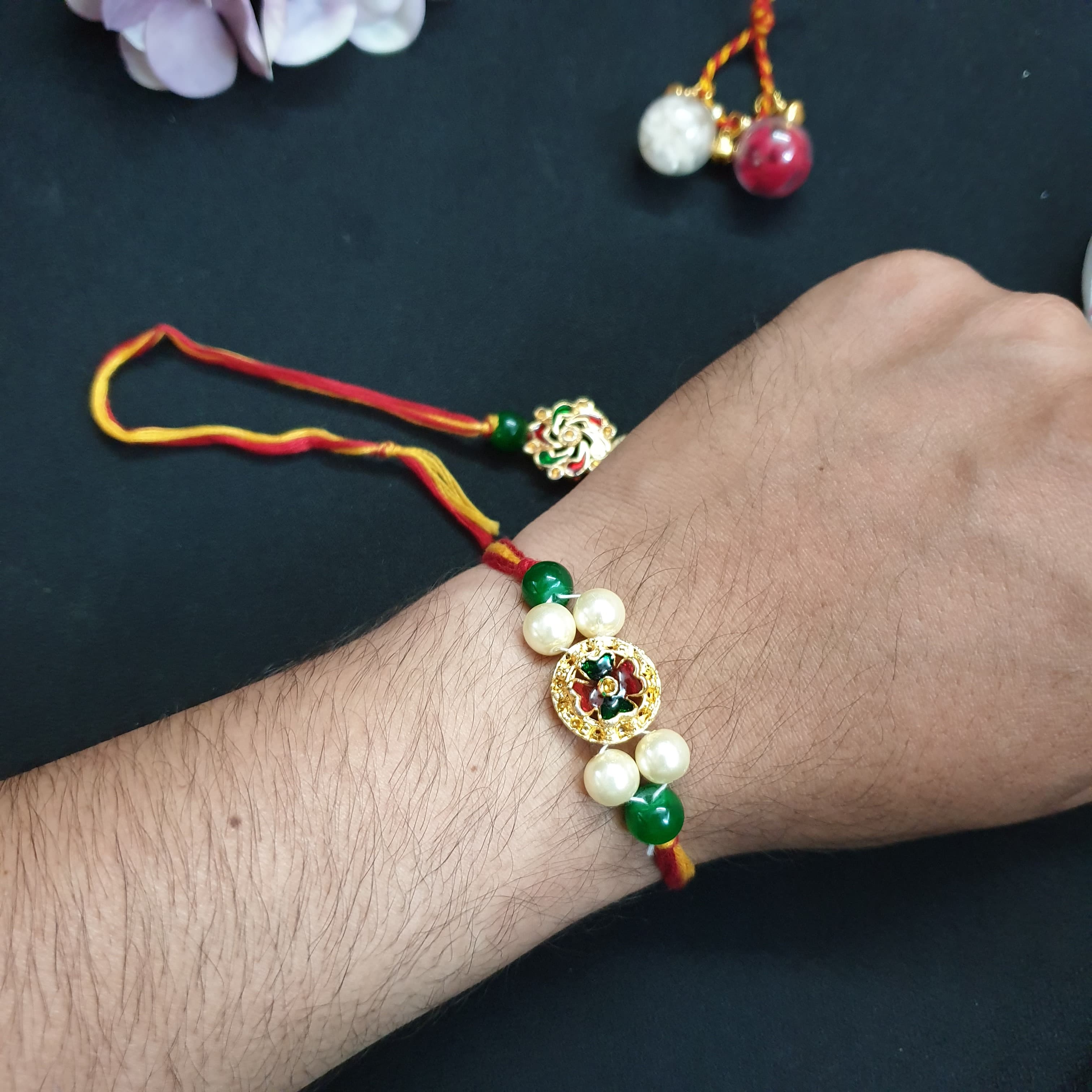 Gold Floral Meena Bhaiya Bhabhi Rakhi Set