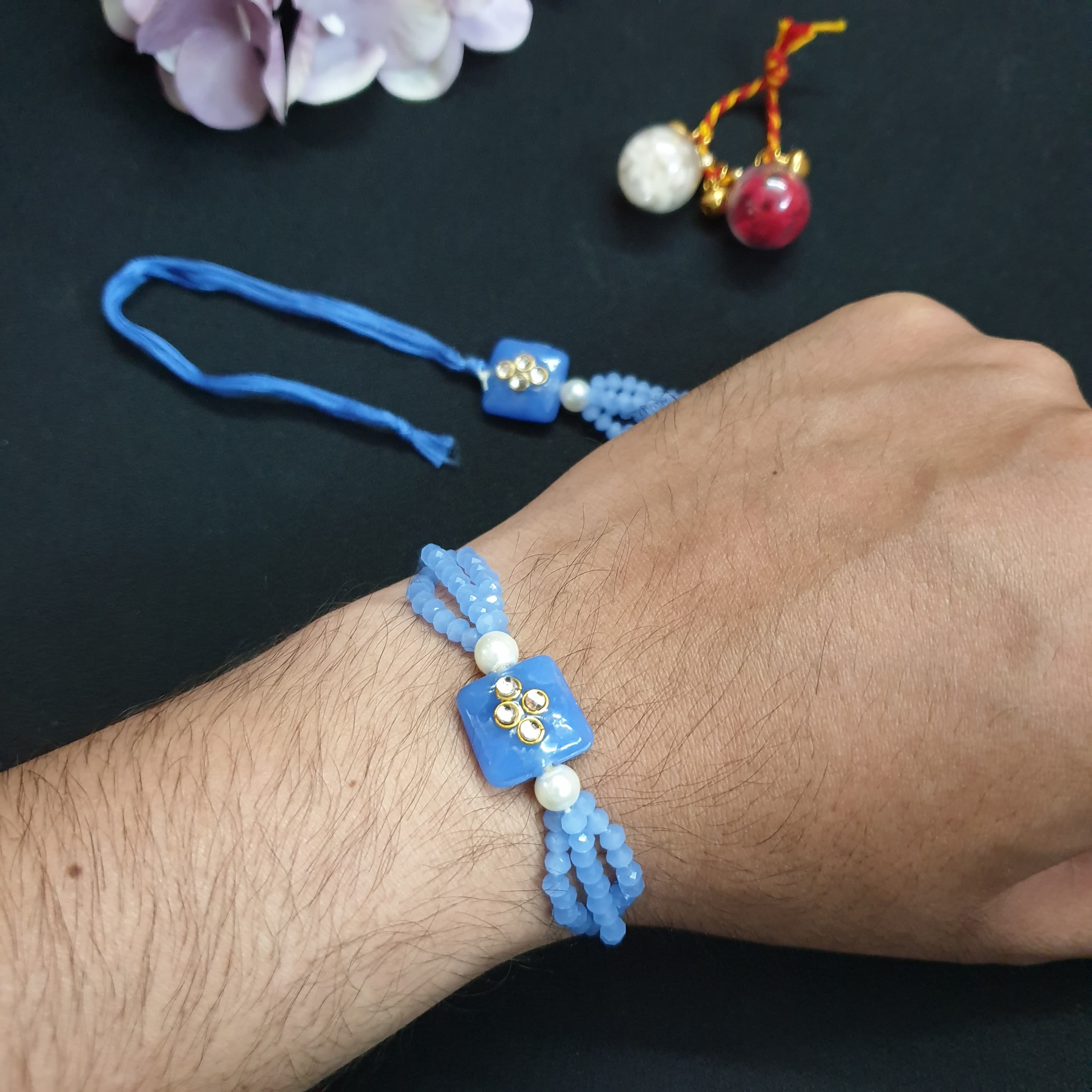 Ice Blue Kundan Couple Lumba Rakhi Set