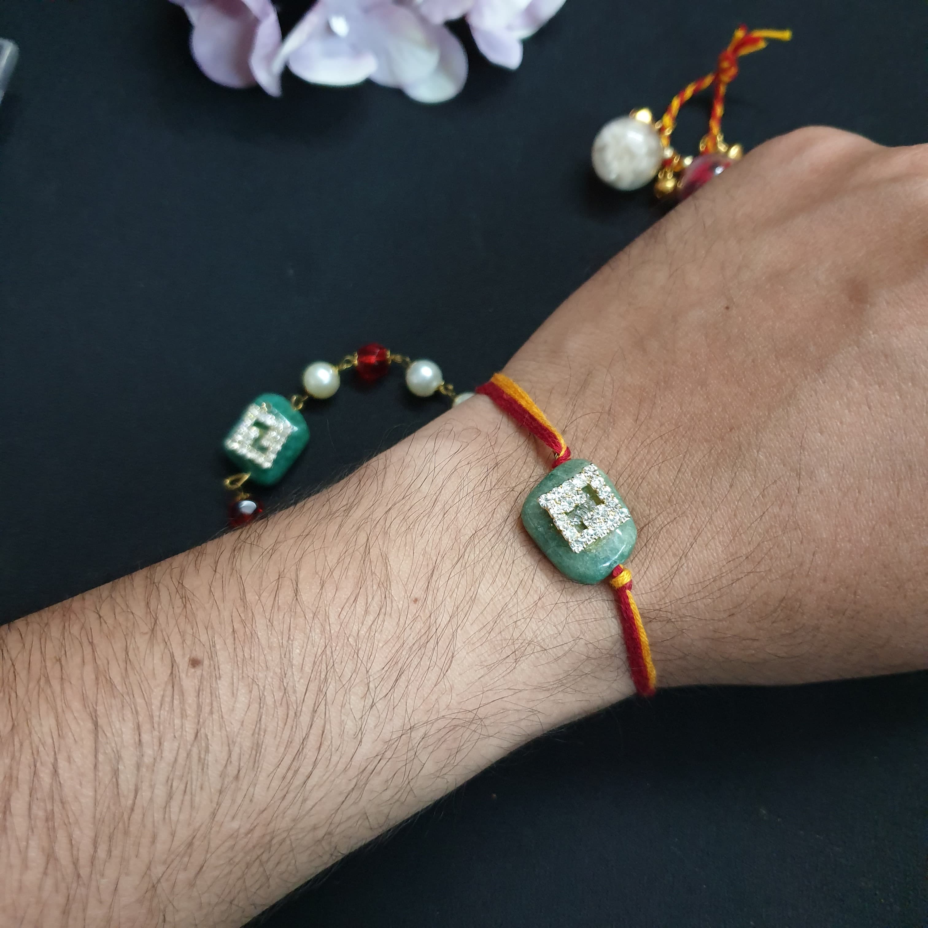 Emerald AD Stone Couple Rakhi Set