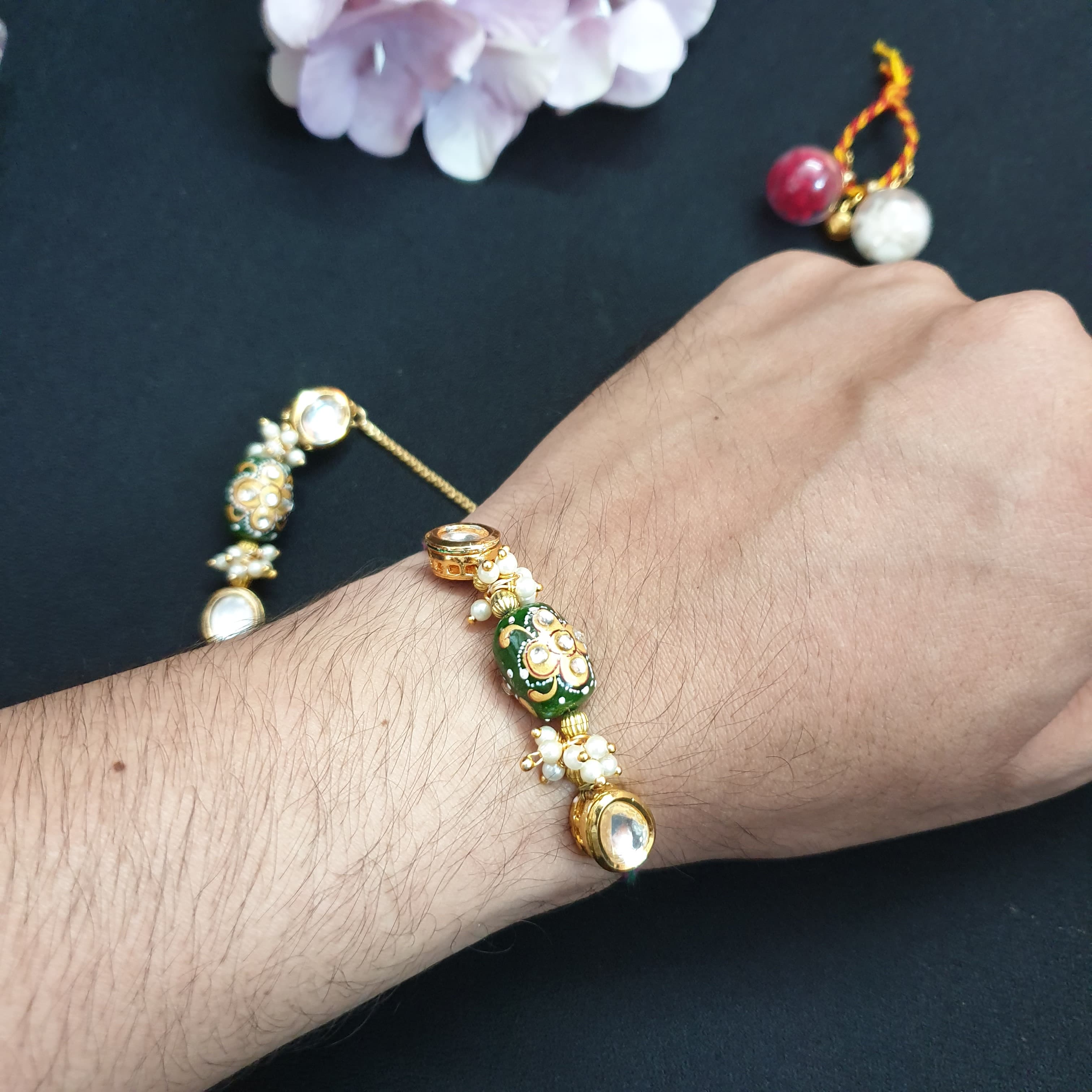 Green Enamel Couple Rakhi Set