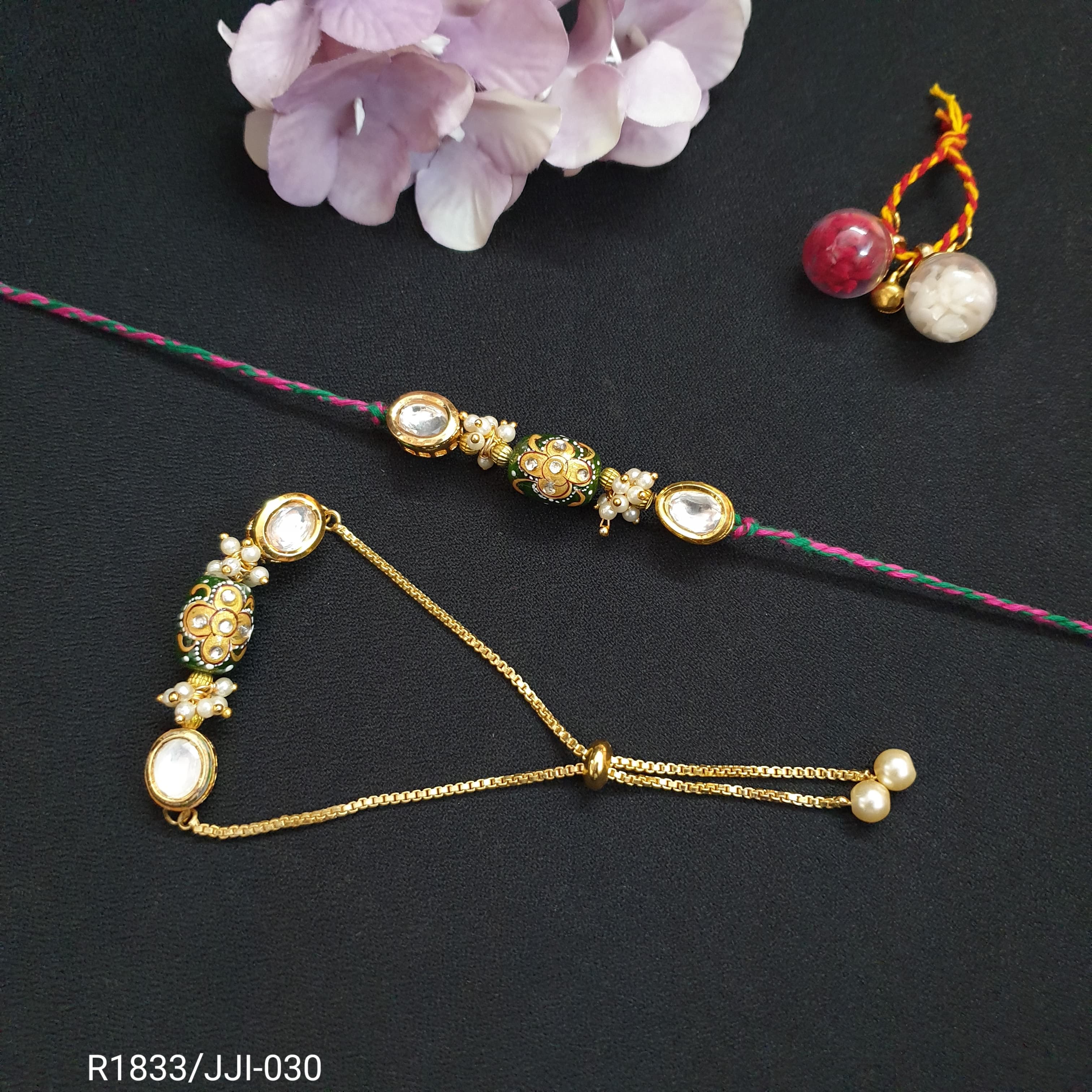 Green Enamel Couple Rakhi Set