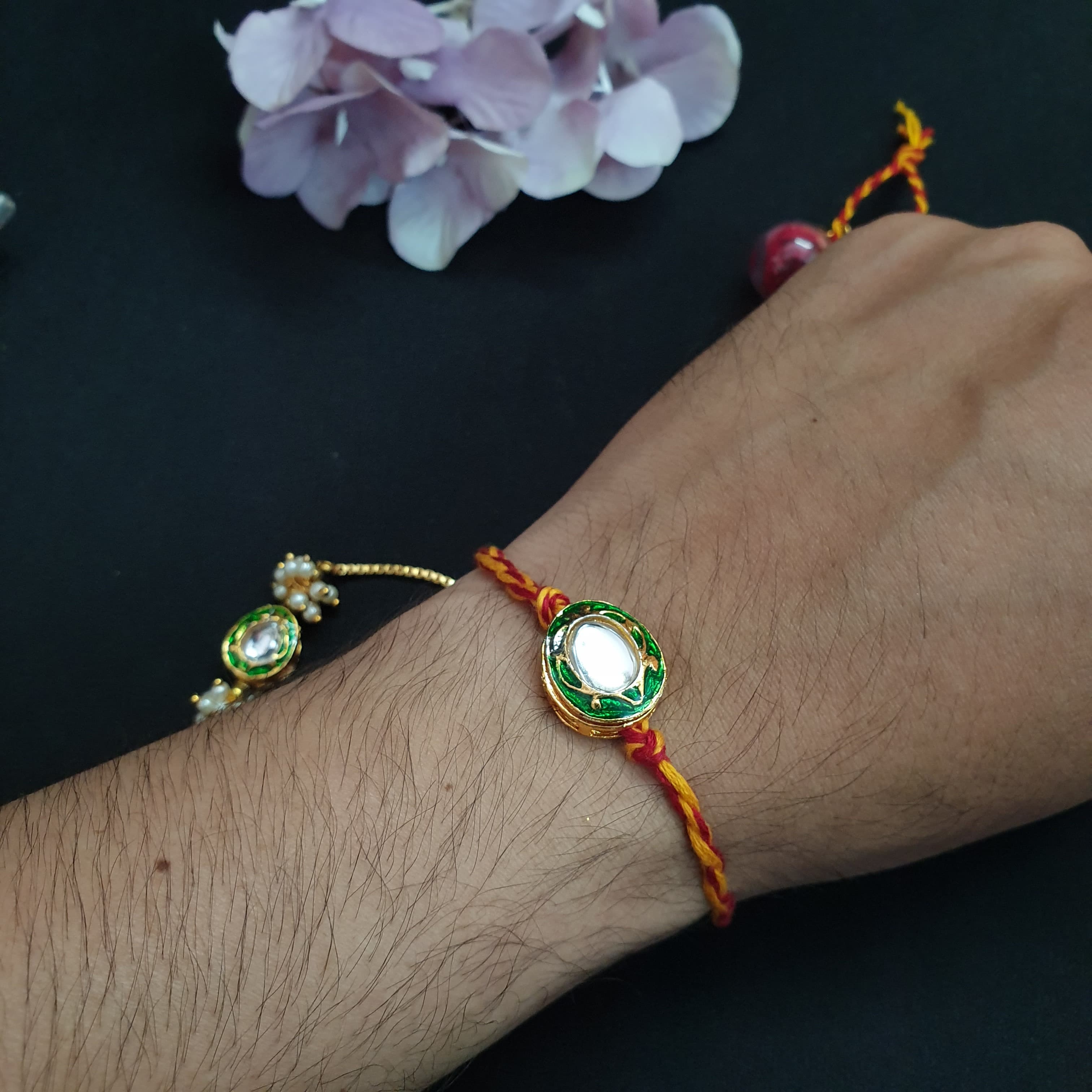 Green Oval Kundan Meenkari Couple Rakhi Set