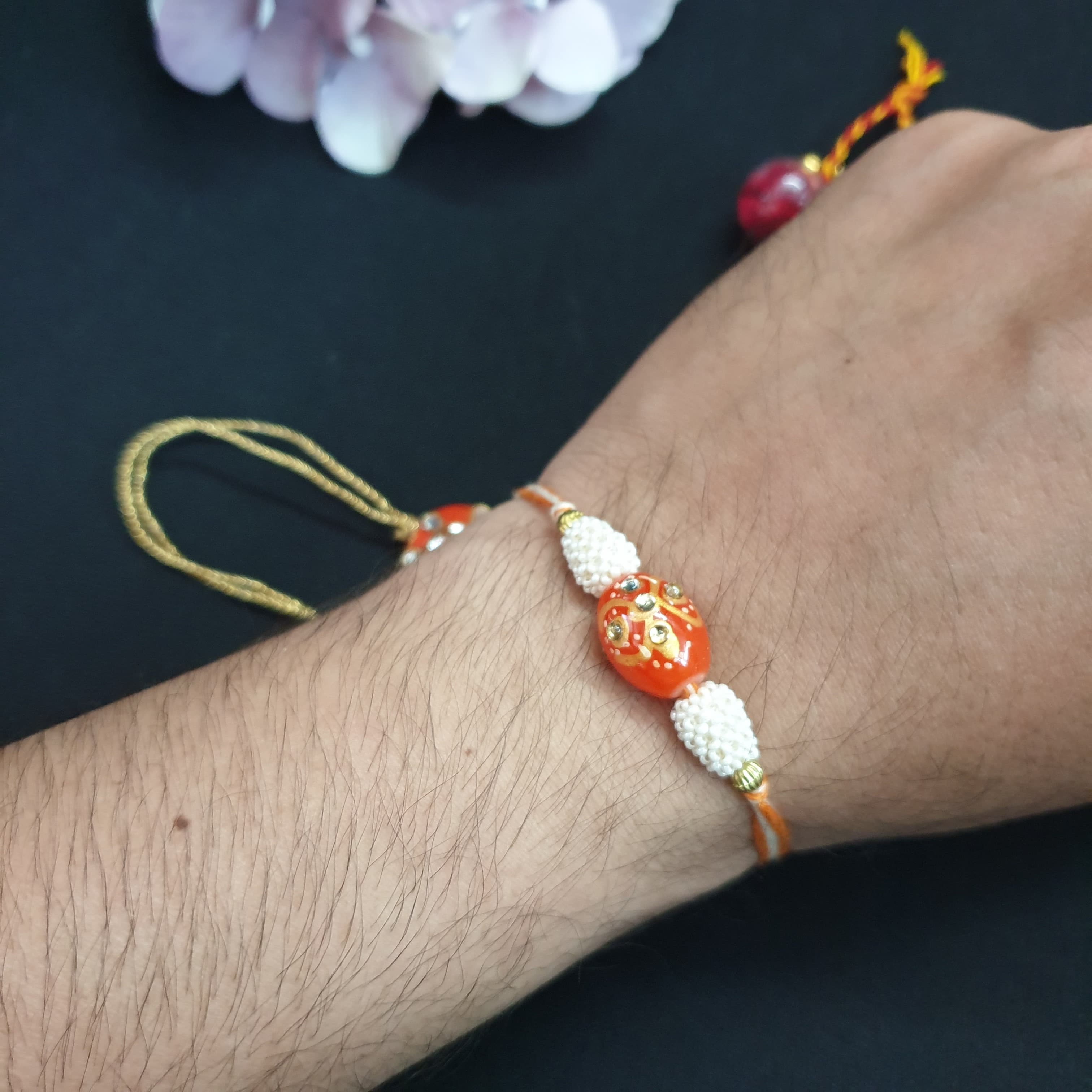 Orange Kundan Couple Rakhi Lumba Set