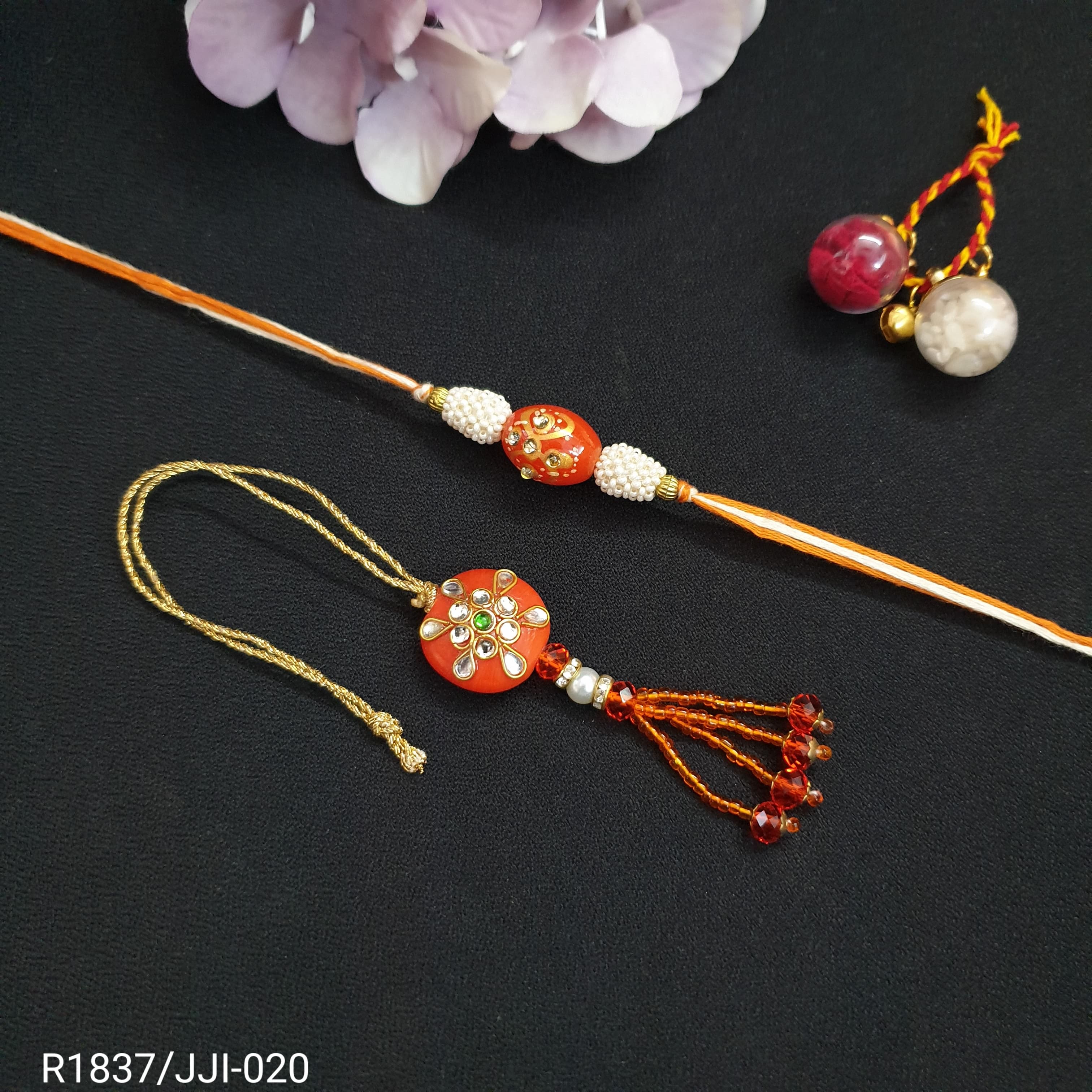 Orange Kundan Couple Rakhi Lumba Set