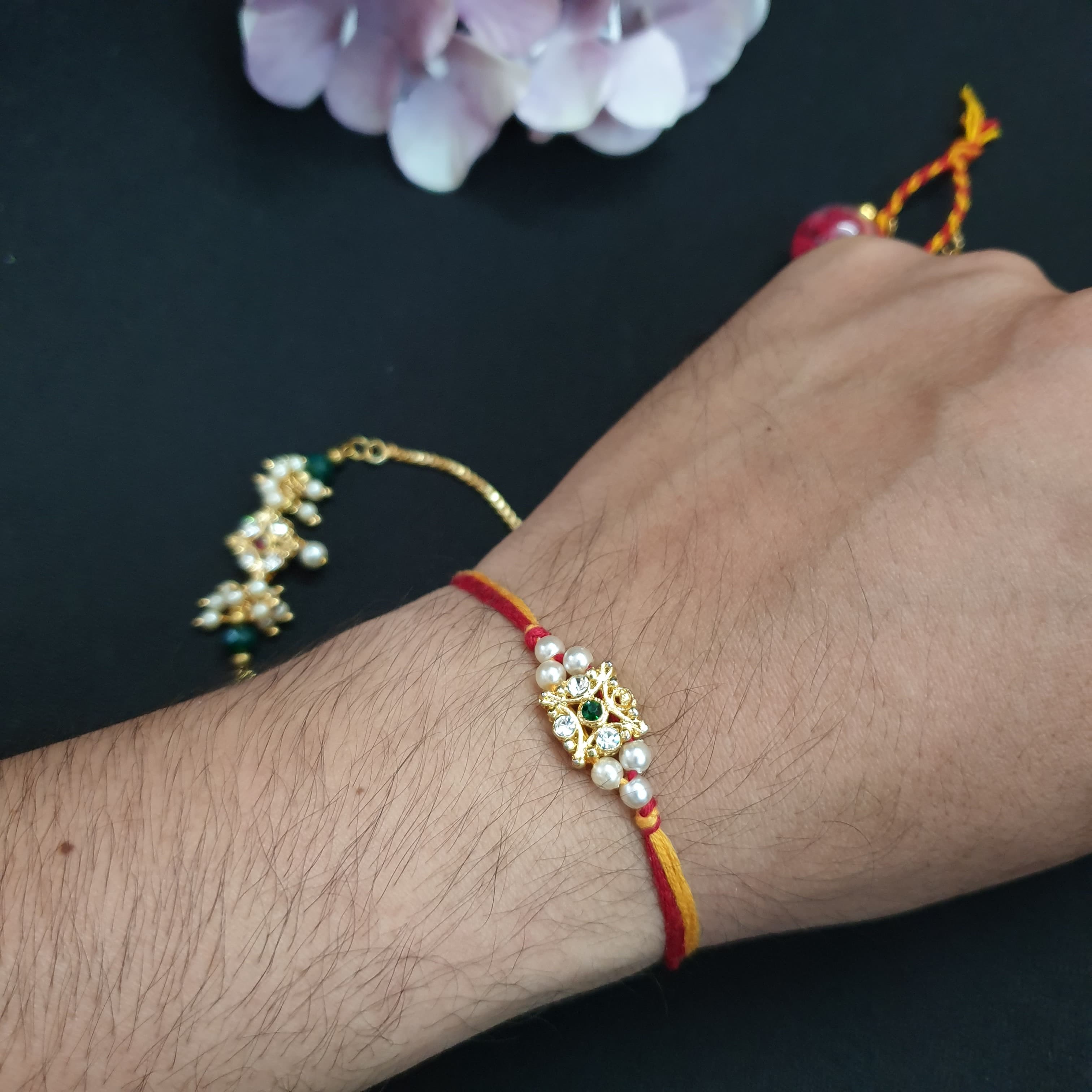 Red Stone Couple Rakhi Set