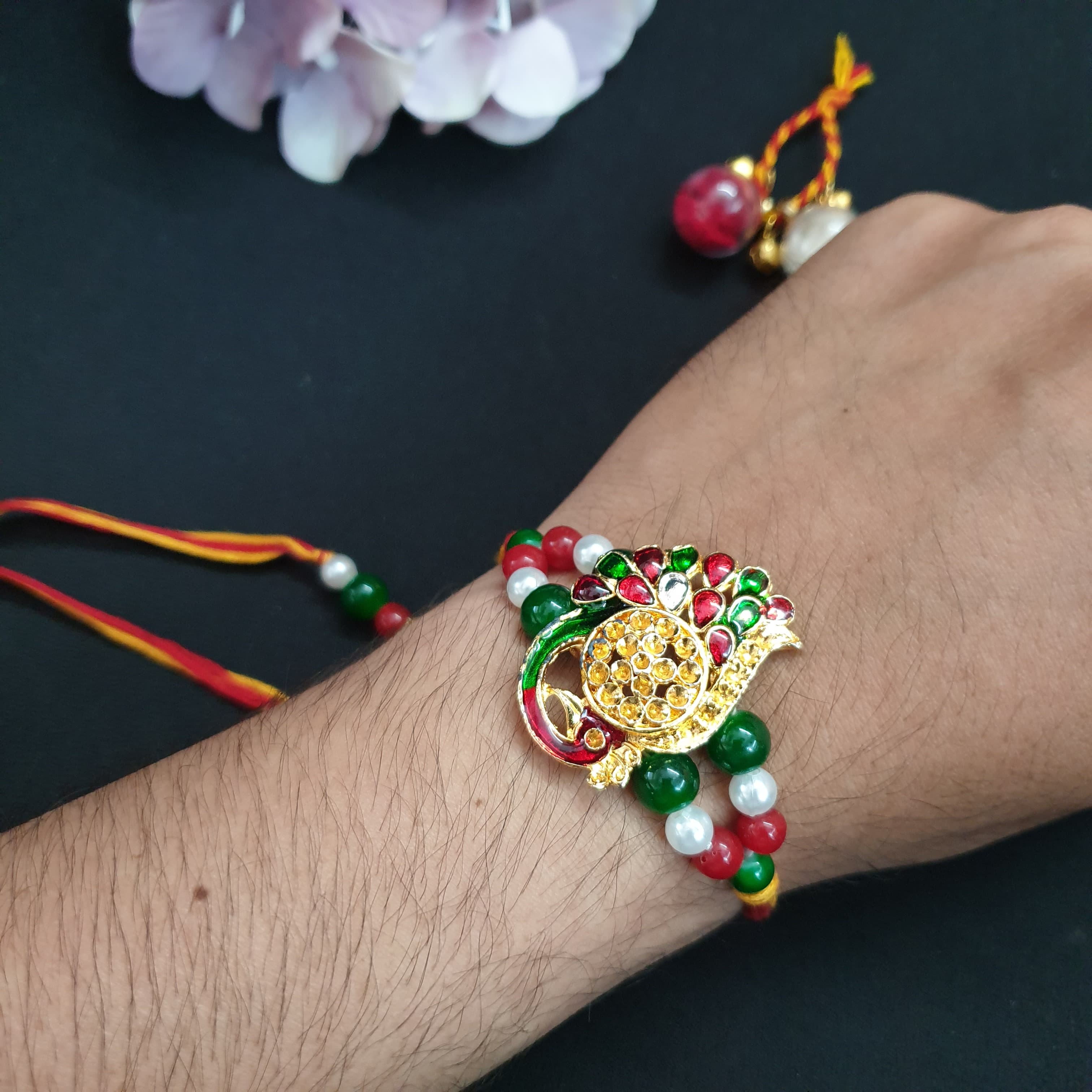 Gold Peacock Meenakari Bhaiya Bhabhi Rakhi Set