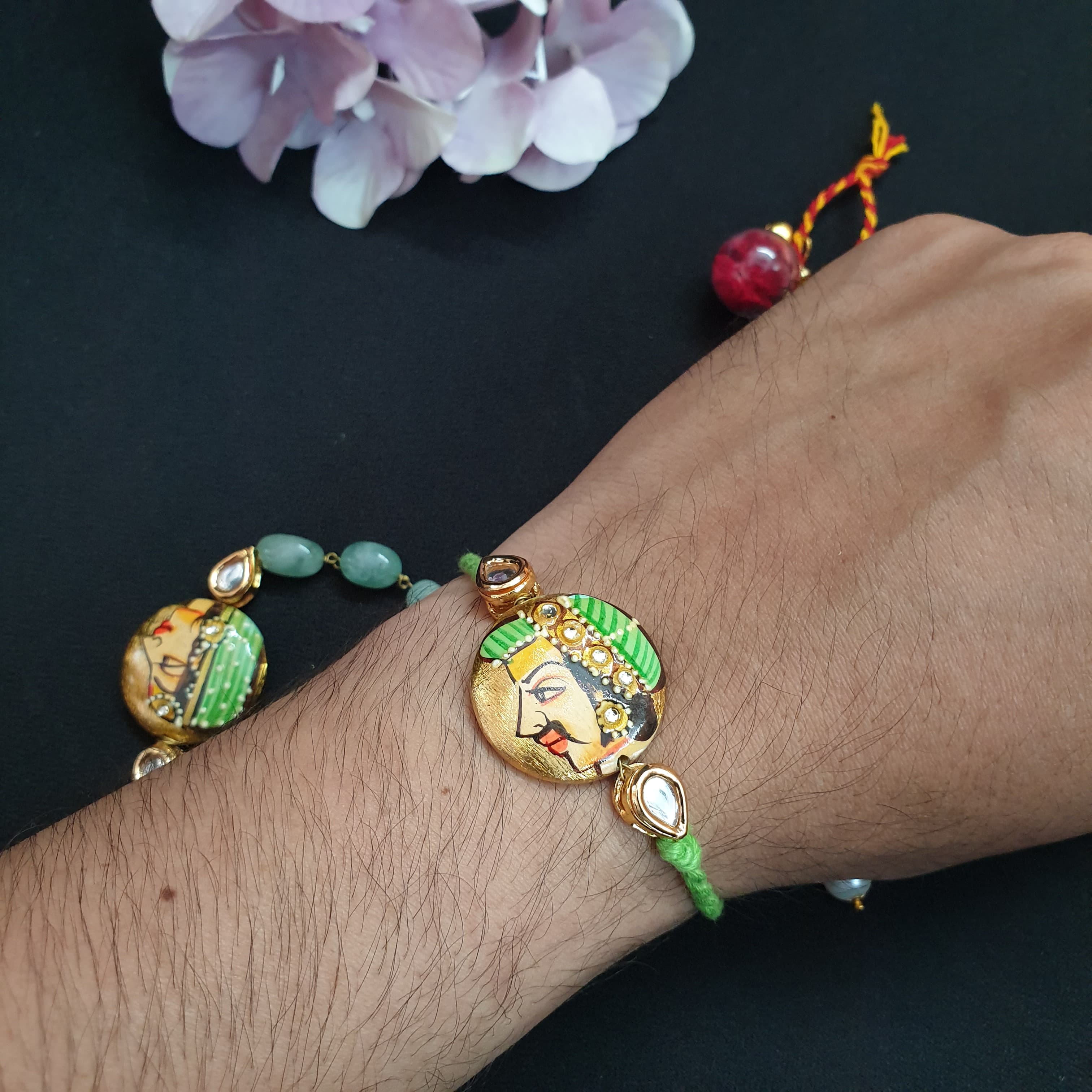Green King Queen Couple Rakhi Set