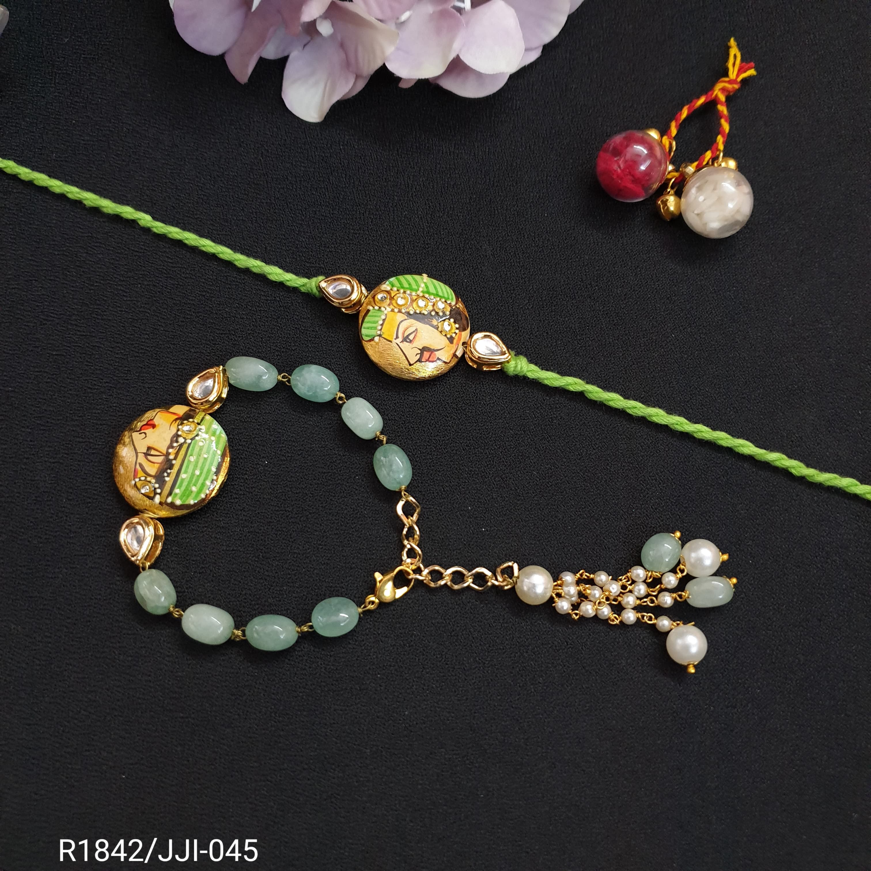 Green King Queen Couple Rakhi Set