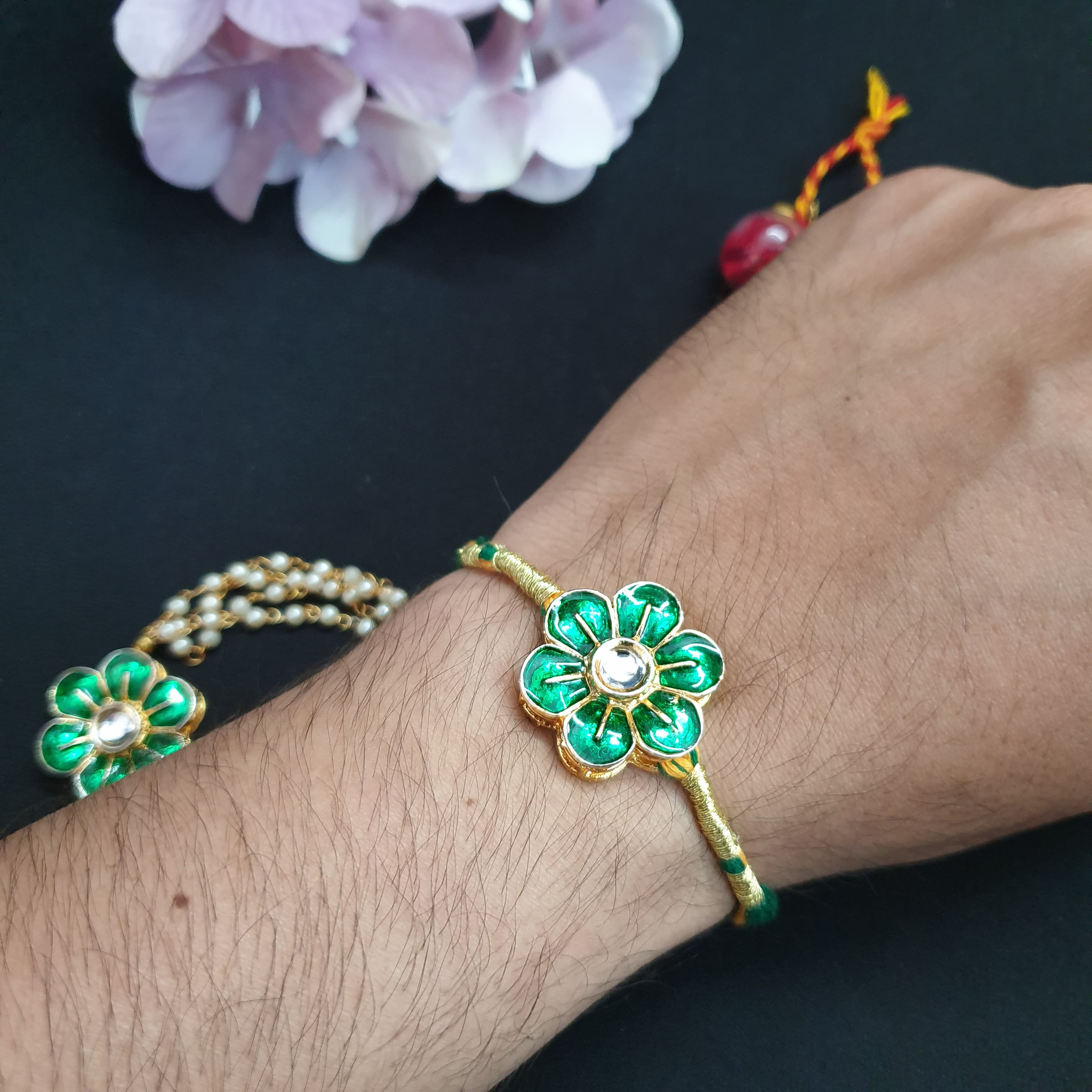 Green Floral Pearl Couple Rakhi Set