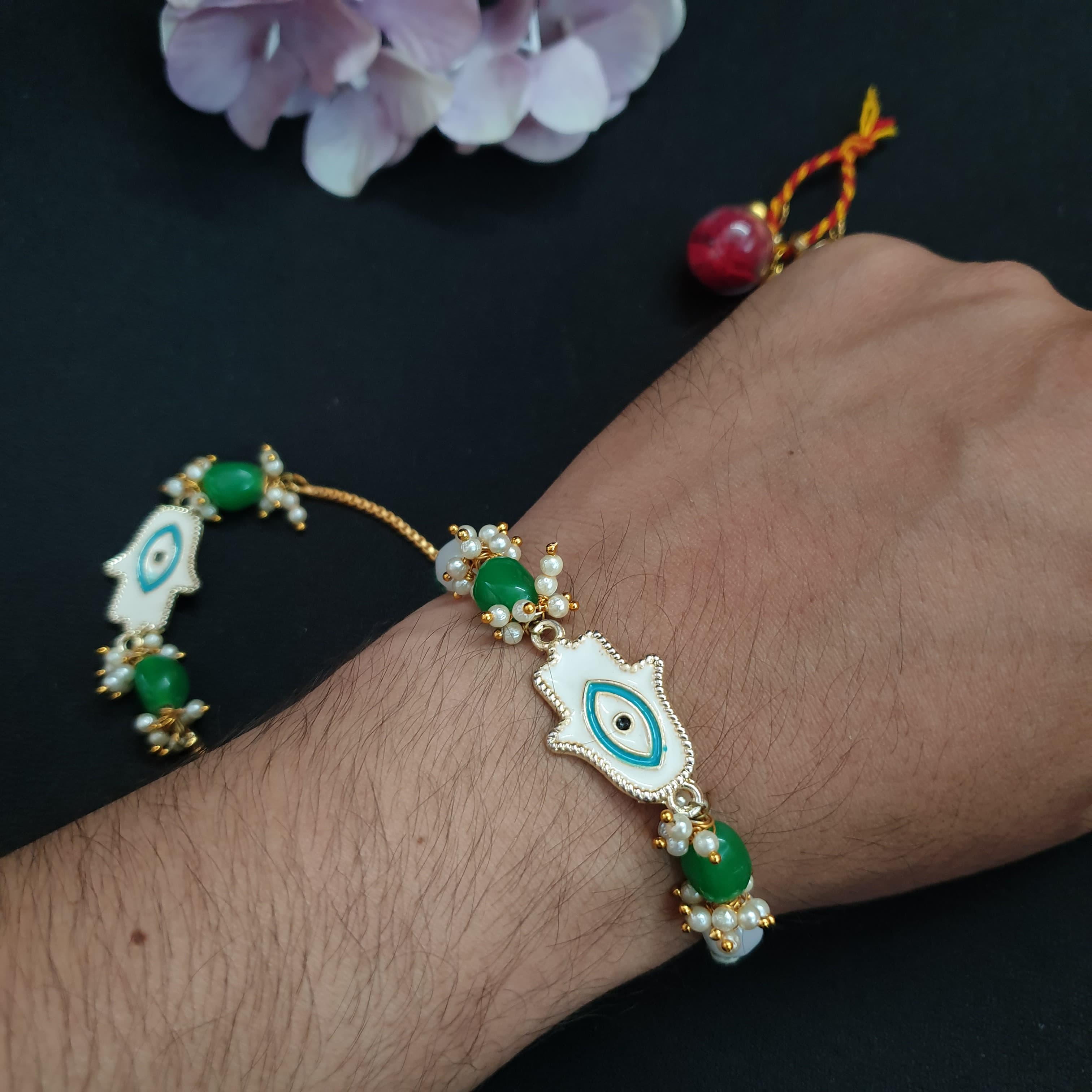 Green Humsa Couple Rakhi Set