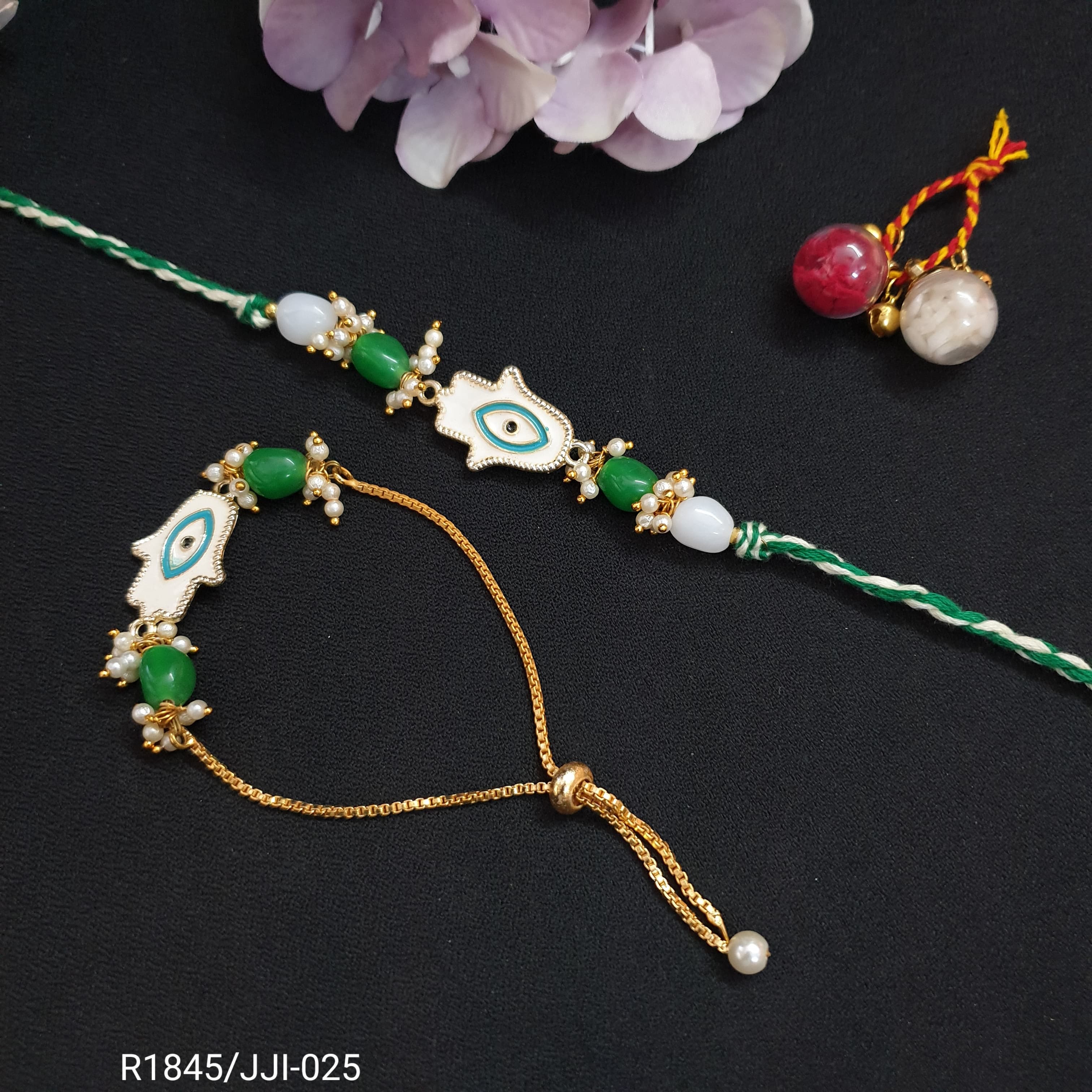 Green Humsa Couple Rakhi Set