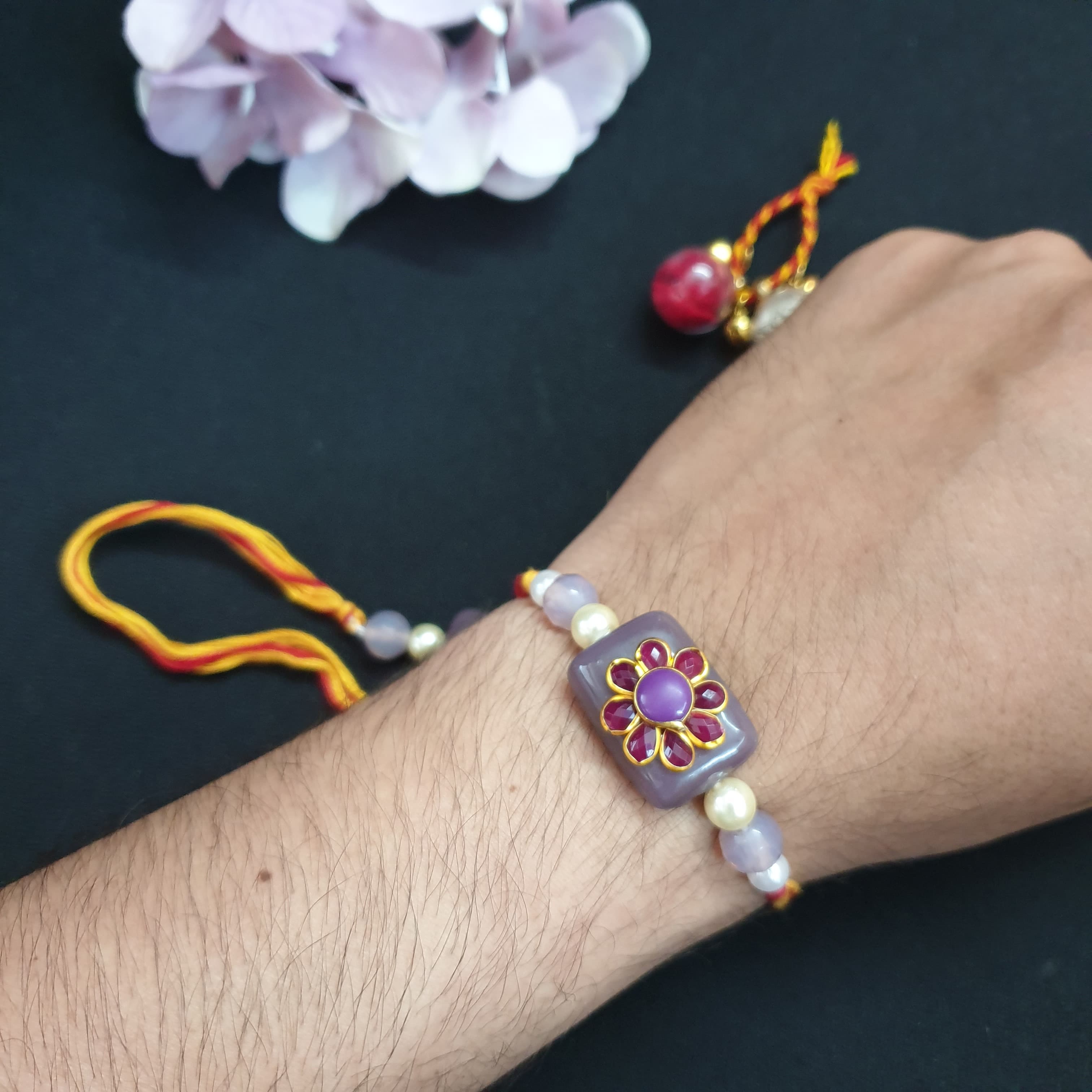 Mauve Paachi Kundan Couple Rakhi Set