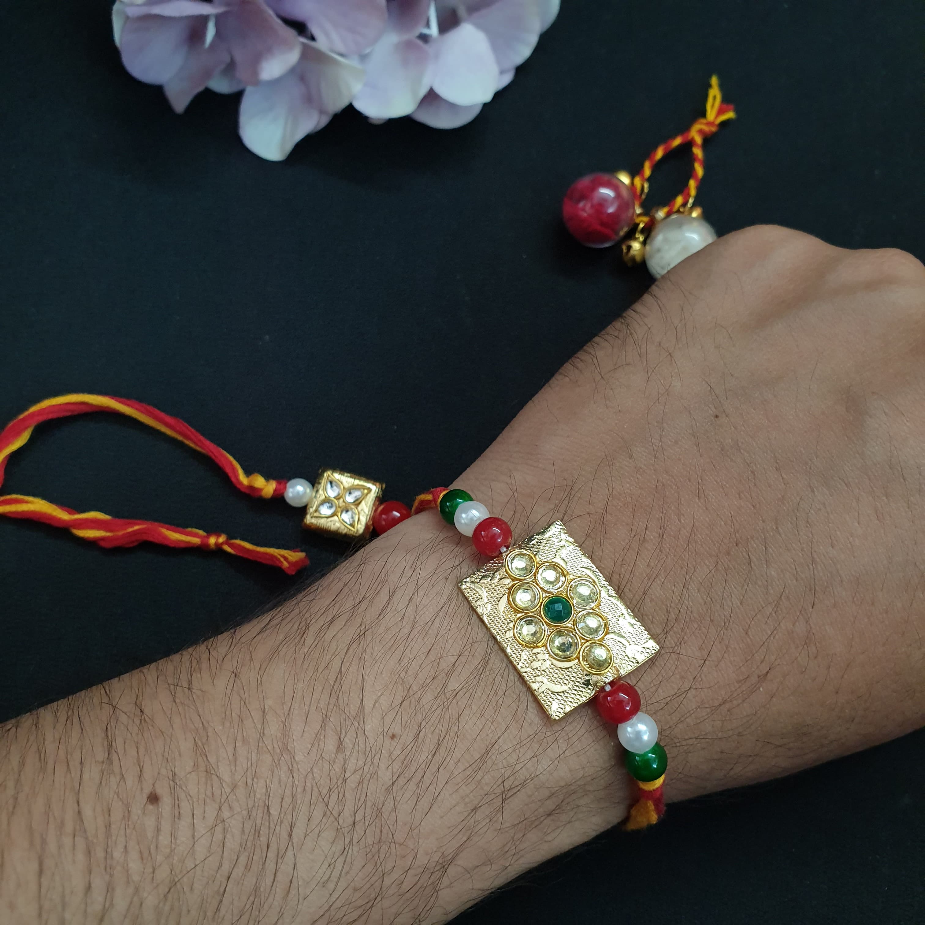 Kundan Gold Bead Couple Rakhi Set