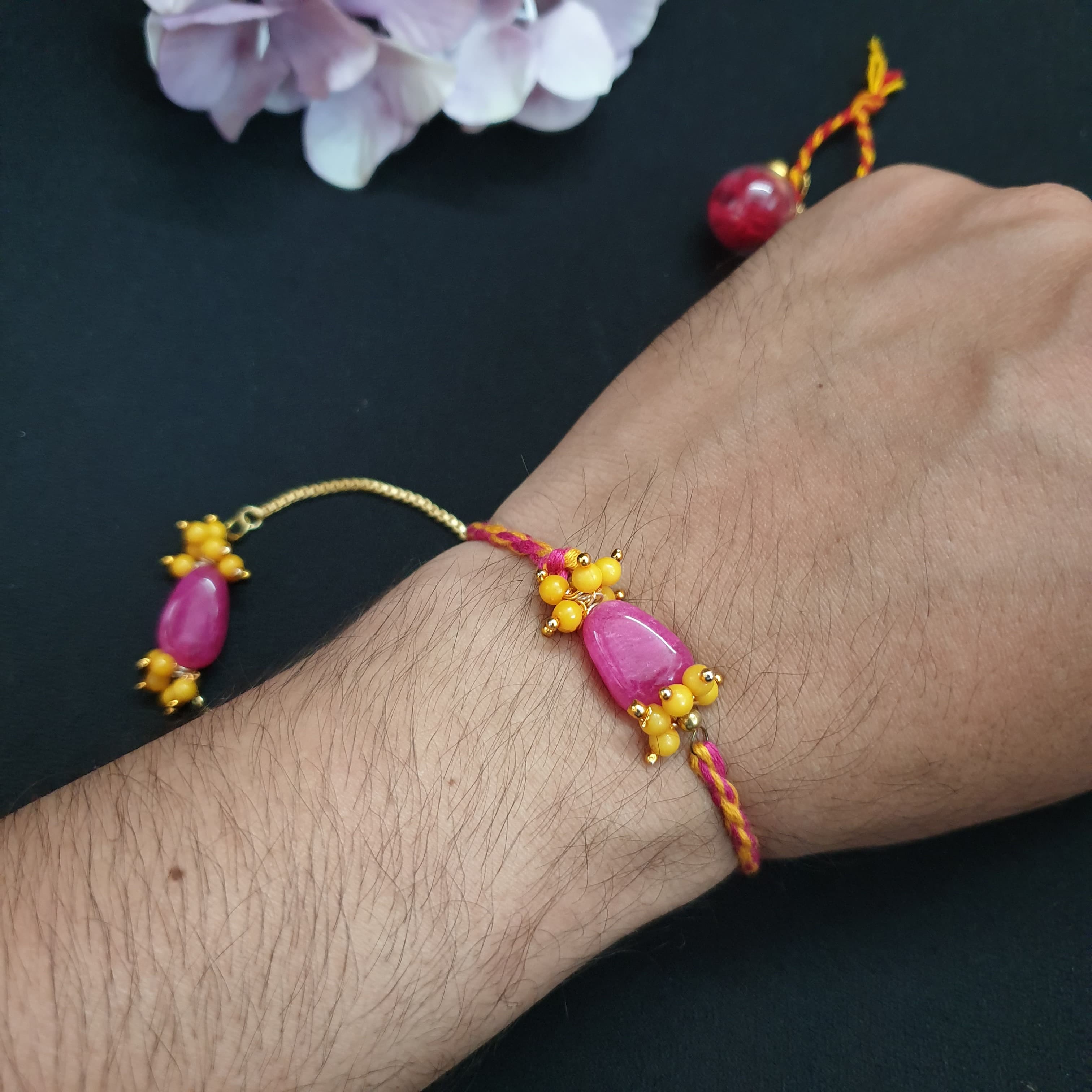 Pink Stone Couple Rakhi Set