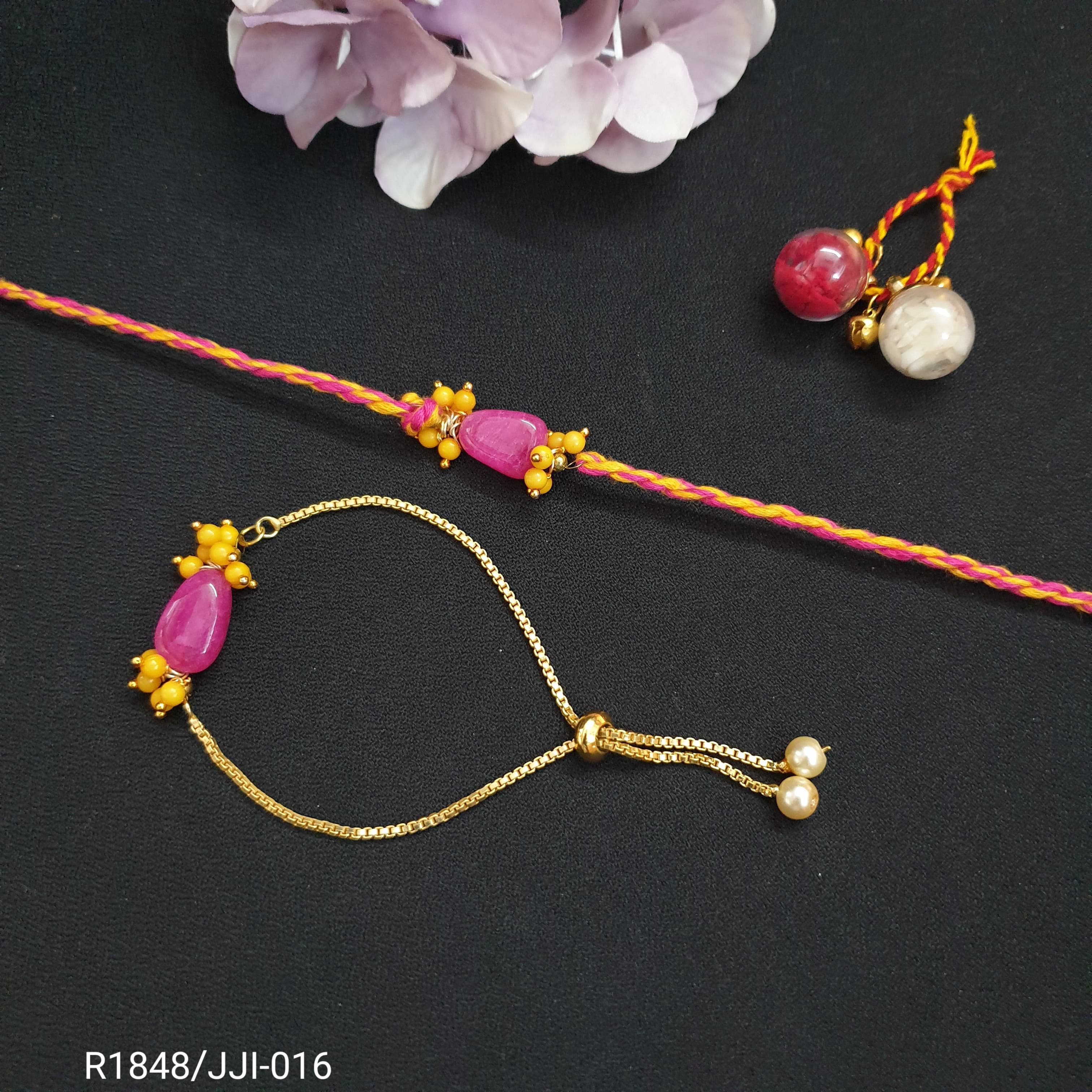 Pink Stone Couple Rakhi Set